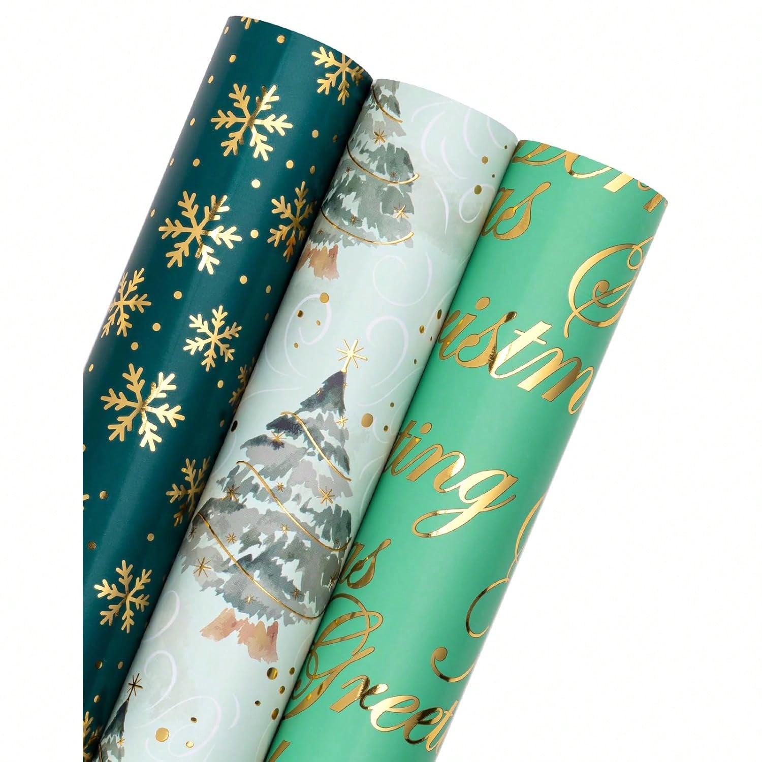 3-Pack Christmas Wrapping Paper Rolls 17x120in Green Foil Tree & Snowflake Designs