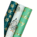 3-Pack Christmas Wrapping Paper Rolls 17x120in Green Foil Tree & Snowflake Designs