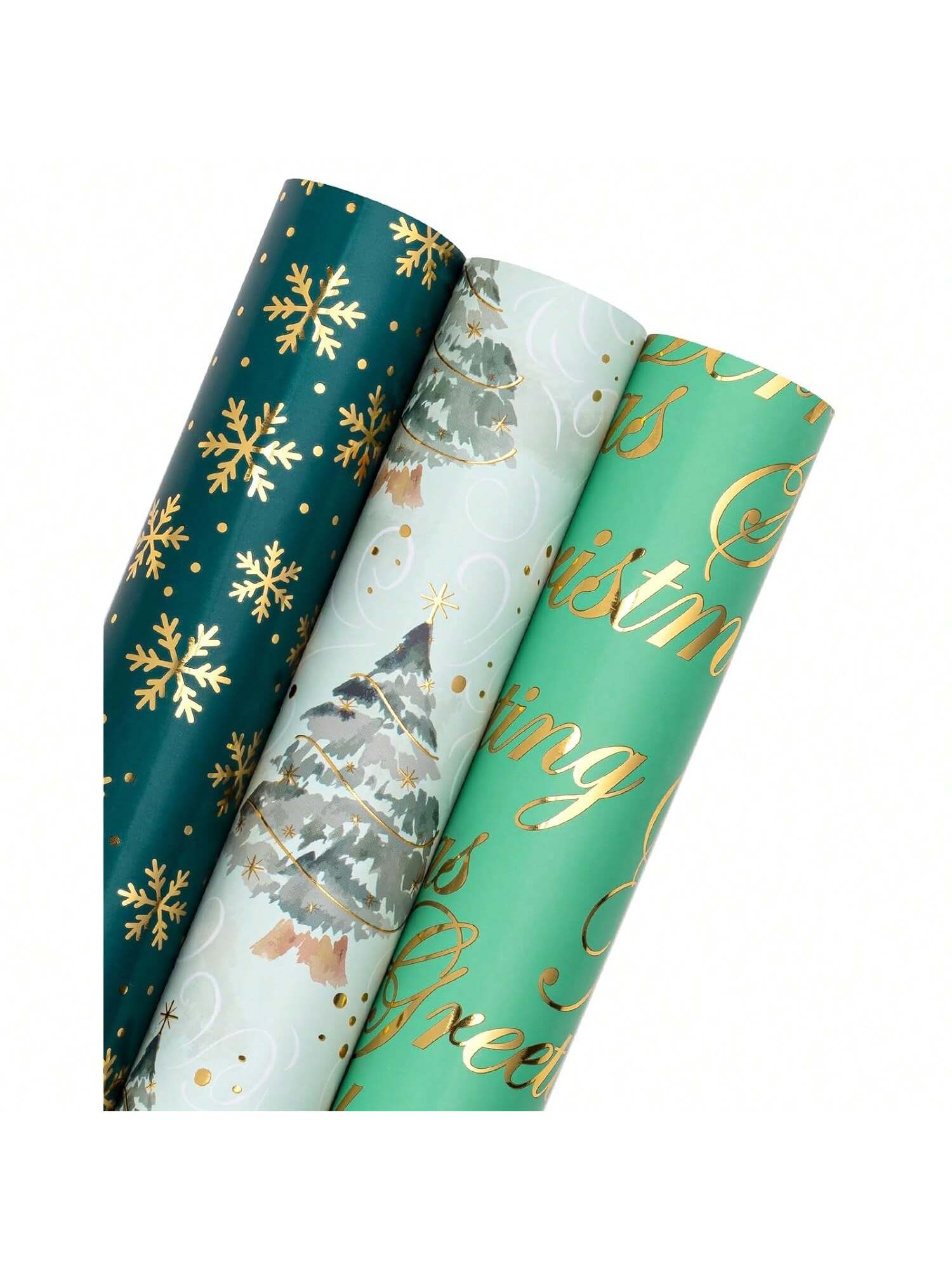 3-Pack Christmas Wrapping Paper Rolls 17x120in Green Foil Tree & Snowflake Designs