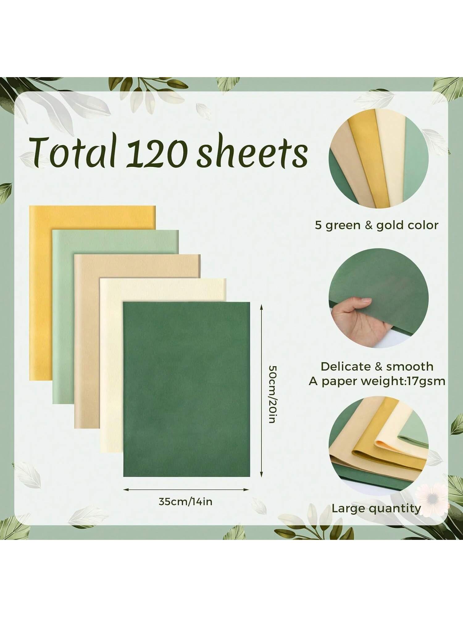 120-Sheet Green Tissue Paper 14x20in for Gifts Crafts & Wrapping