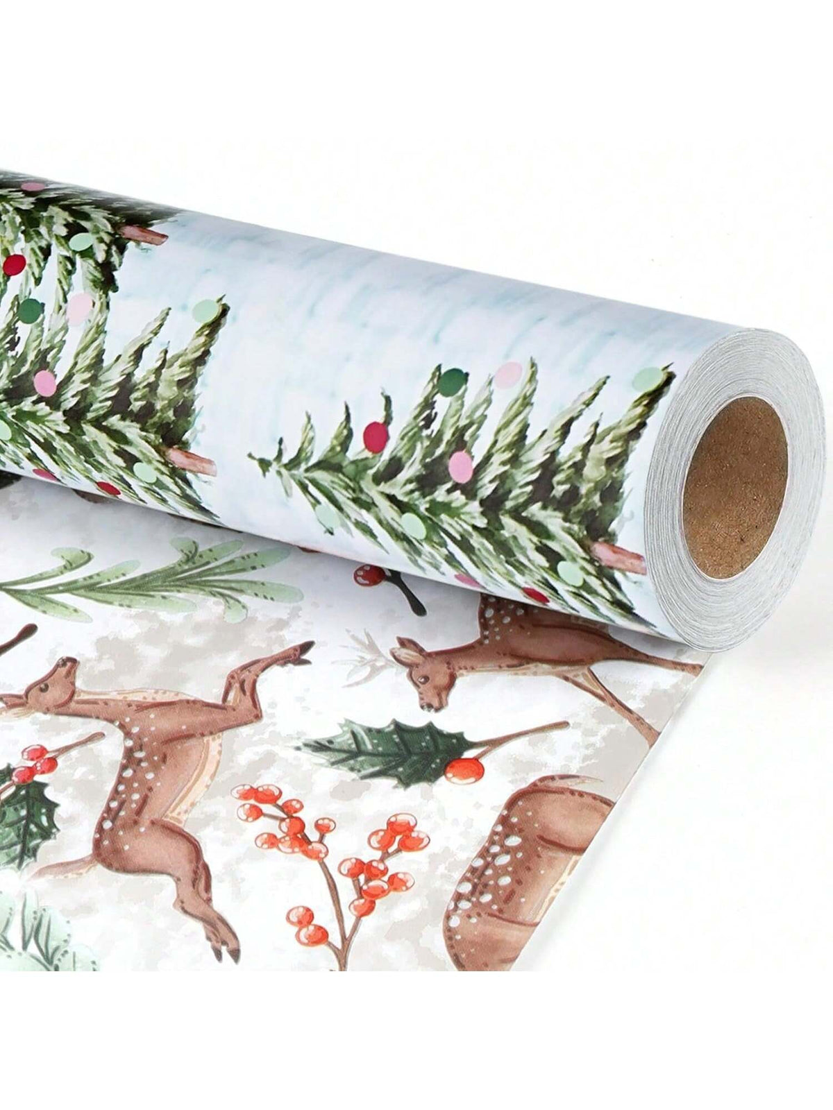 Reversible Christmas Wrapping Paper 17x33 with Doe, Floral & Tree Designs