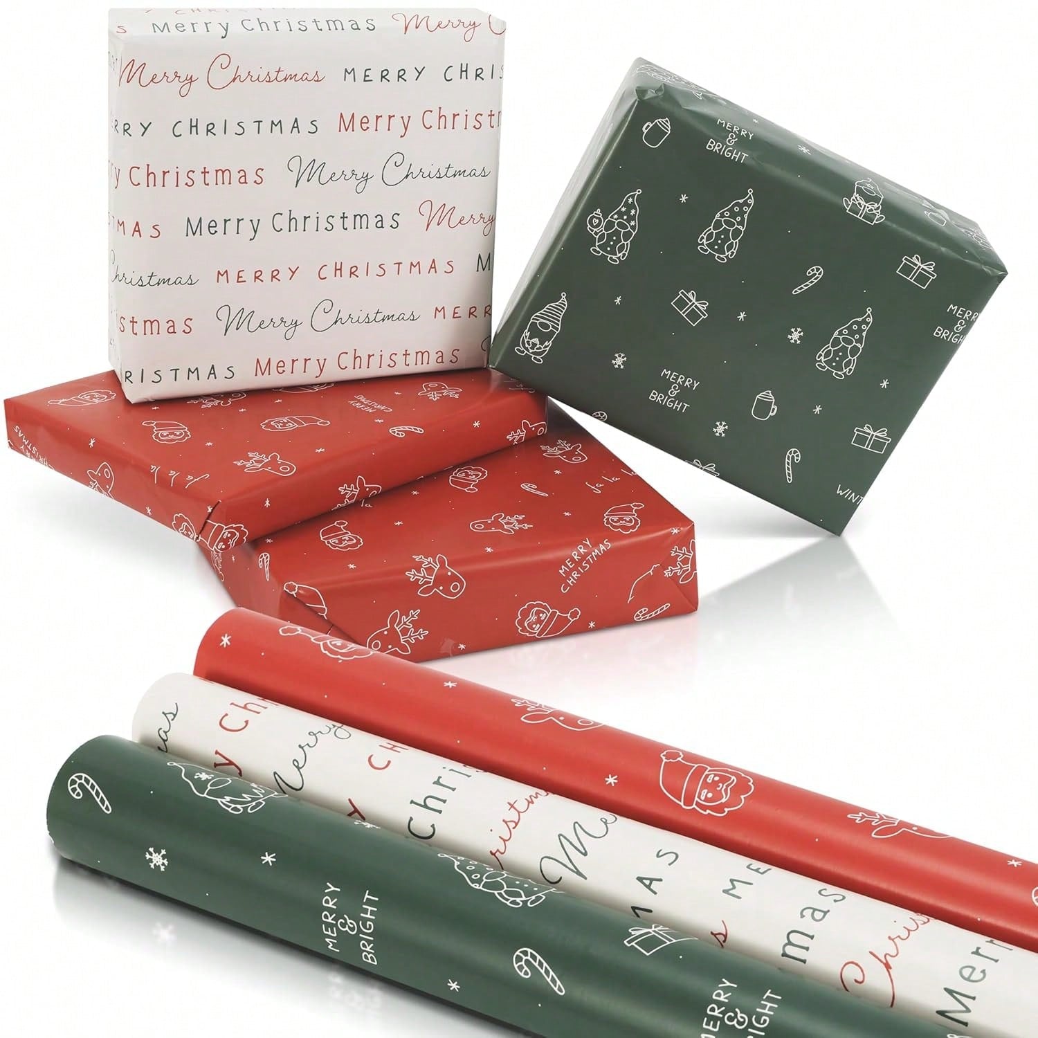 3-Pack Christmas Gift Wrapping Paper Rolls 17x120 with Cute Holiday Designs