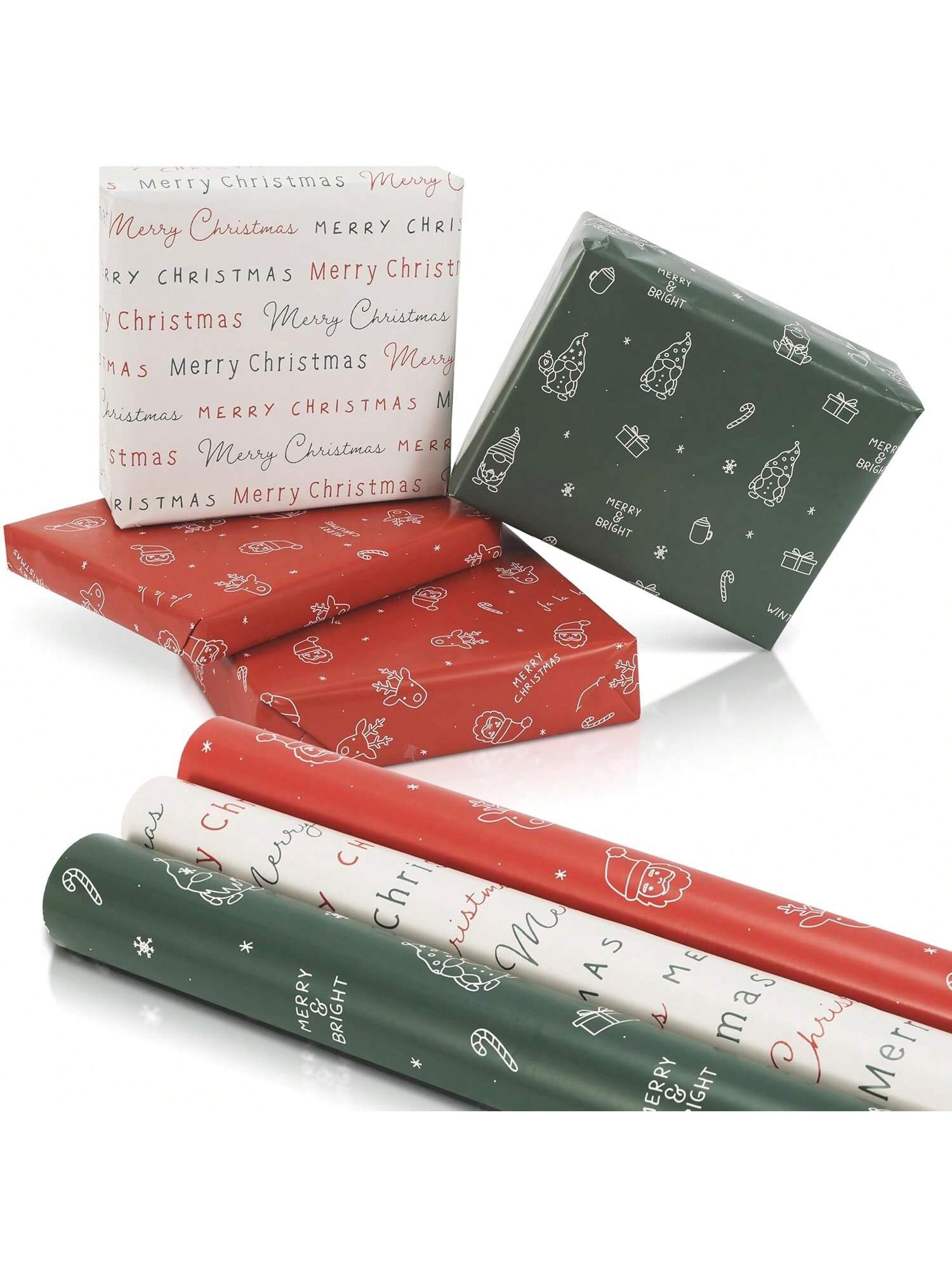 3-Pack Christmas Gift Wrapping Paper Rolls 17x120 with Cute Holiday Designs