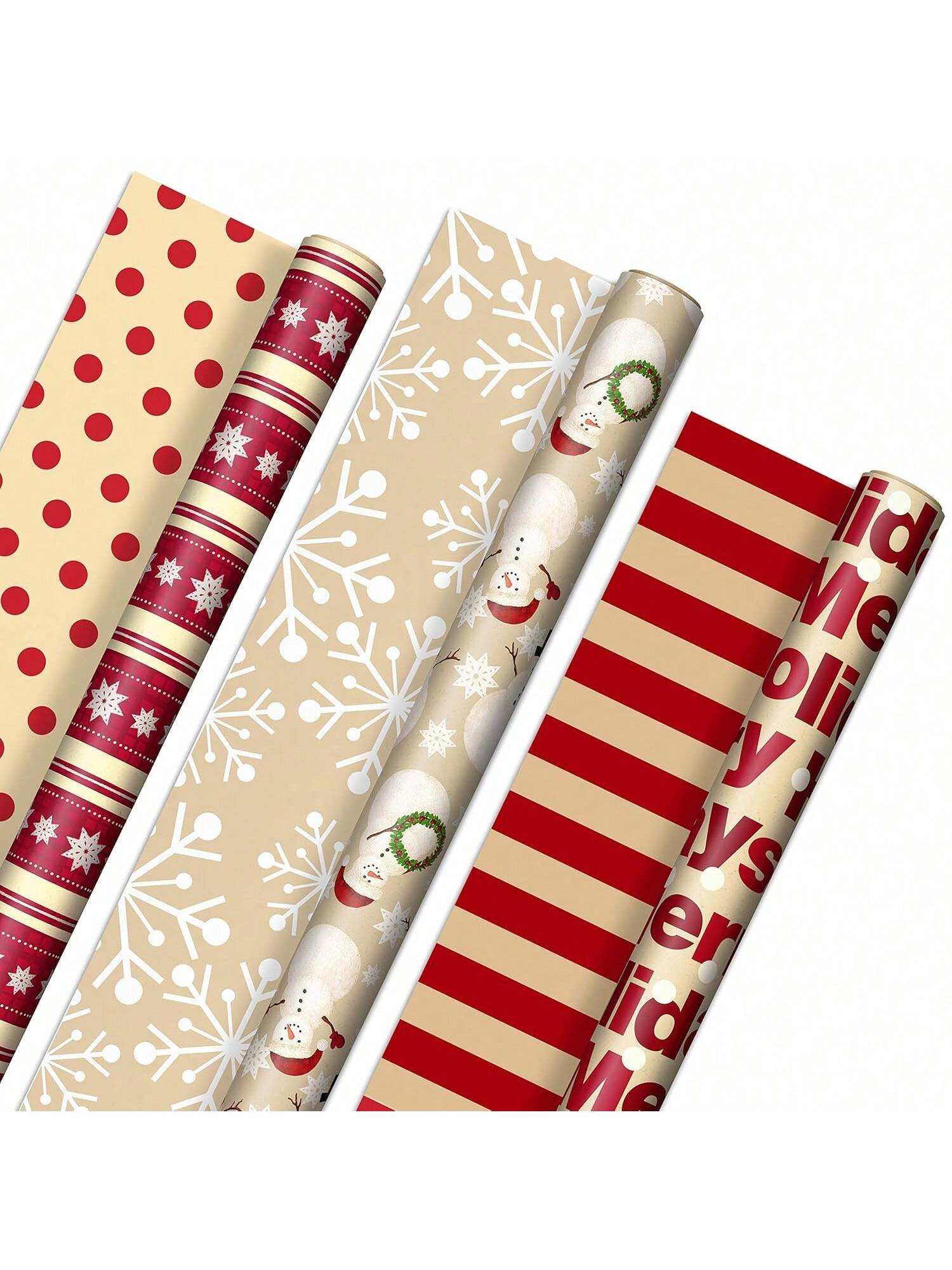 3 Reversible Christmas Wrapping Paper Rolls 120 Sq Ft Snowflakes Snowmen Stripes