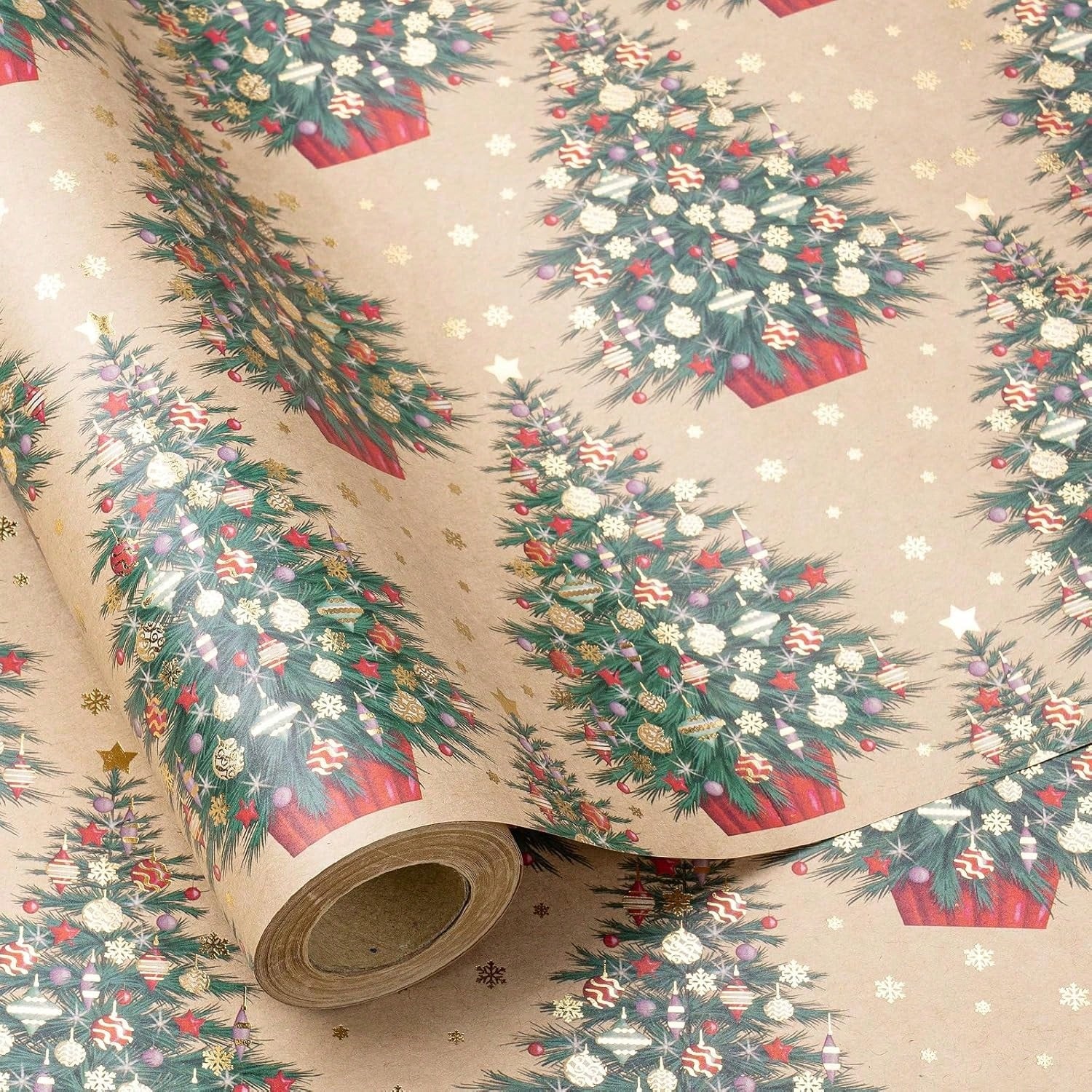 Kraft Christmas Wrapping Paper Roll 17x16.4ft with Gold Foil Tree Design for Gifts