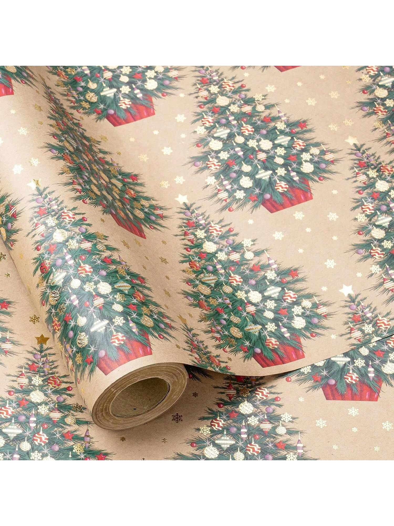 Kraft Christmas Wrapping Paper Roll 17x16.4ft with Gold Foil Tree Design for Gifts