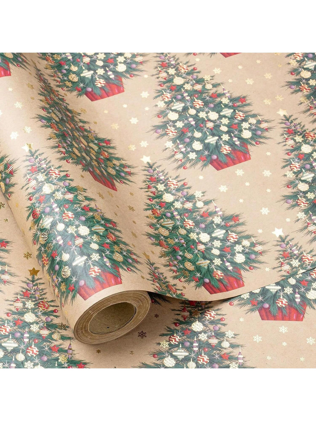 Kraft Christmas Wrapping Paper Roll 17x16.4ft with Gold Foil Tree Design for Gifts