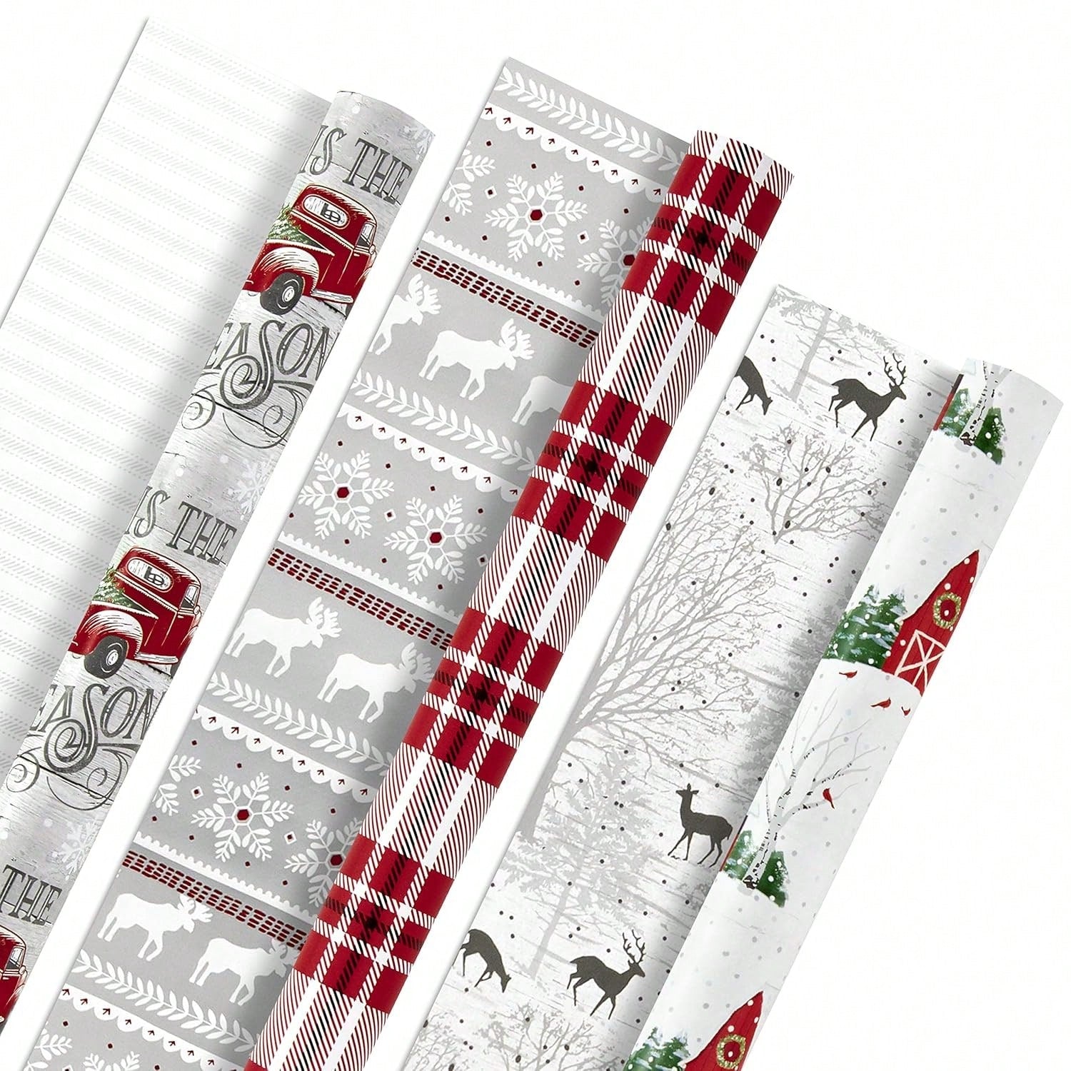3 Reversible Rustic Christmas Wrapping Paper Rolls 120 Sq Ft Plaid and Woodland