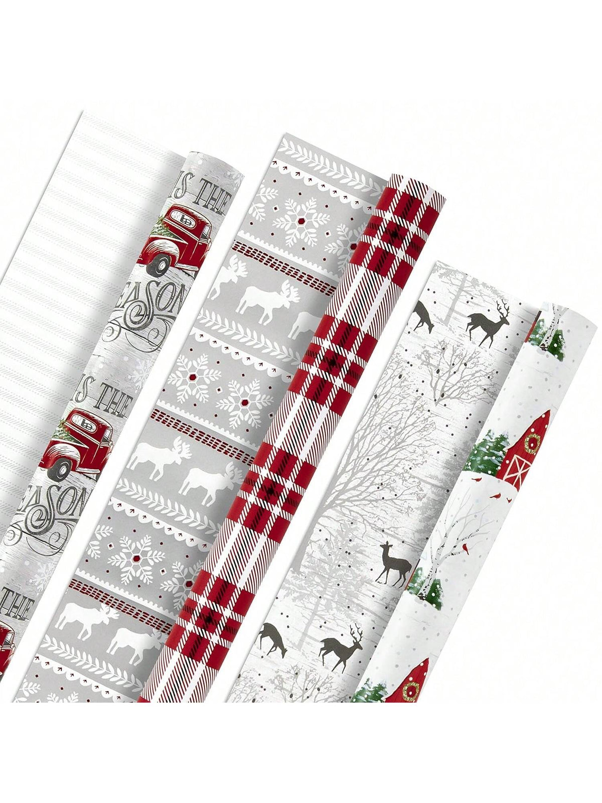 3 Reversible Rustic Christmas Wrapping Paper Rolls 120 Sq Ft Plaid and Woodland