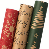 3-Pack Mini Christmas Wrapping Paper Rolls 17x120in Red Green Kraft Snowflakes Trees