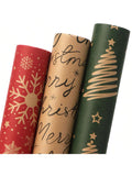 3-Pack Mini Christmas Wrapping Paper Rolls 17x120in Red Green Kraft Snowflakes Trees
