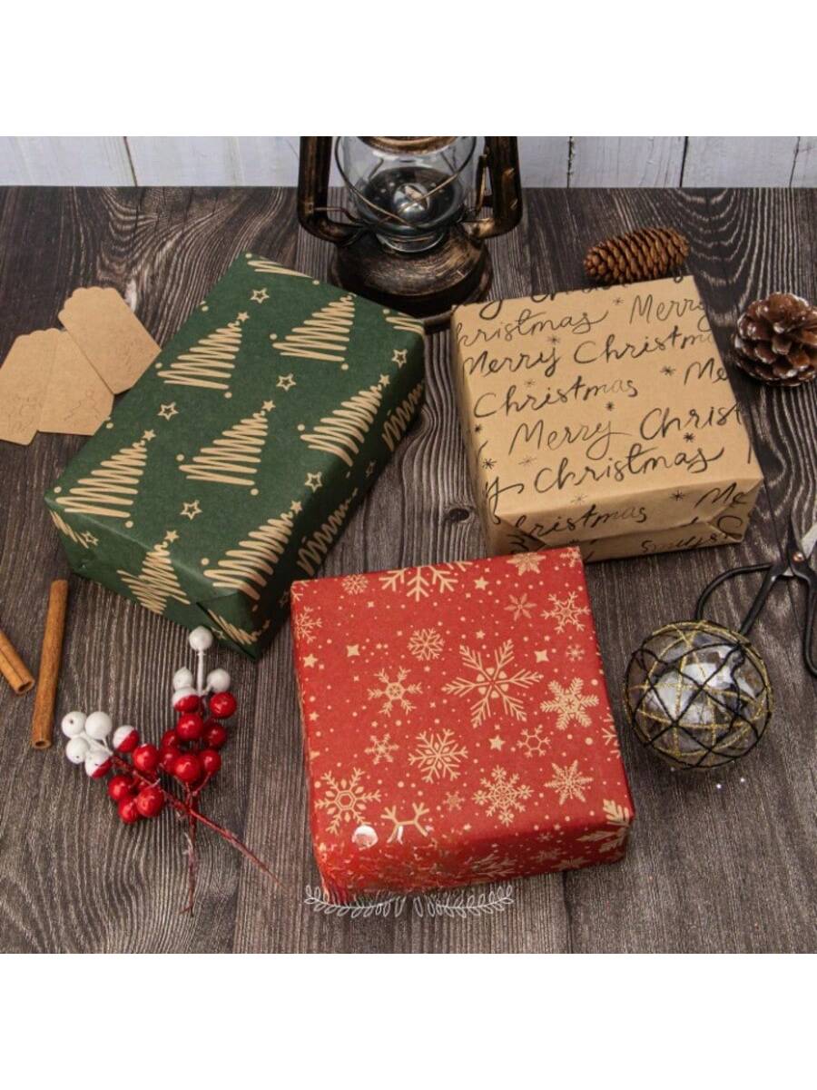 3-Pack Mini Christmas Wrapping Paper Rolls 17x120in Red Green Kraft Snowflakes Trees