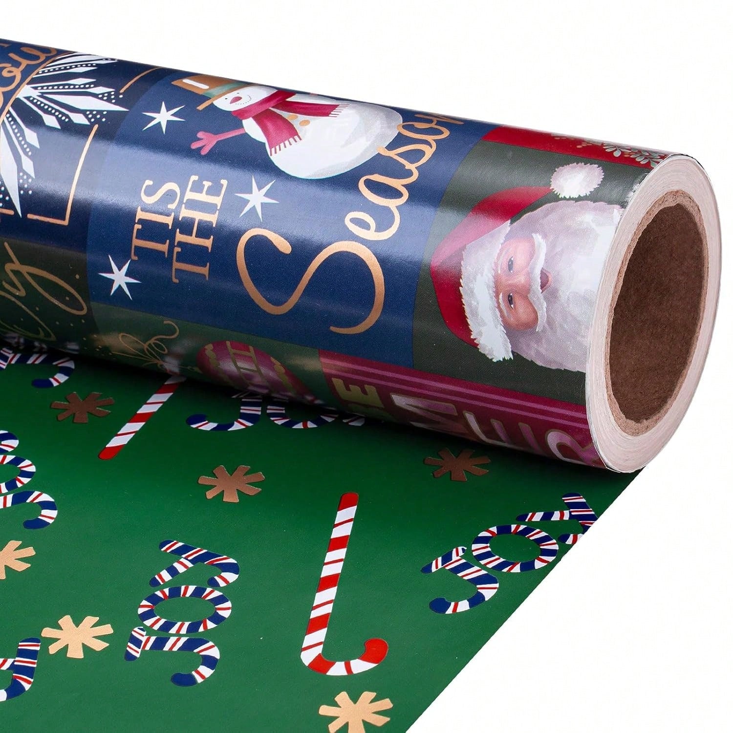 Reversible Christmas Wrapping Paper 17.5x32.8 Santa Snowman Candy Cane Patterns