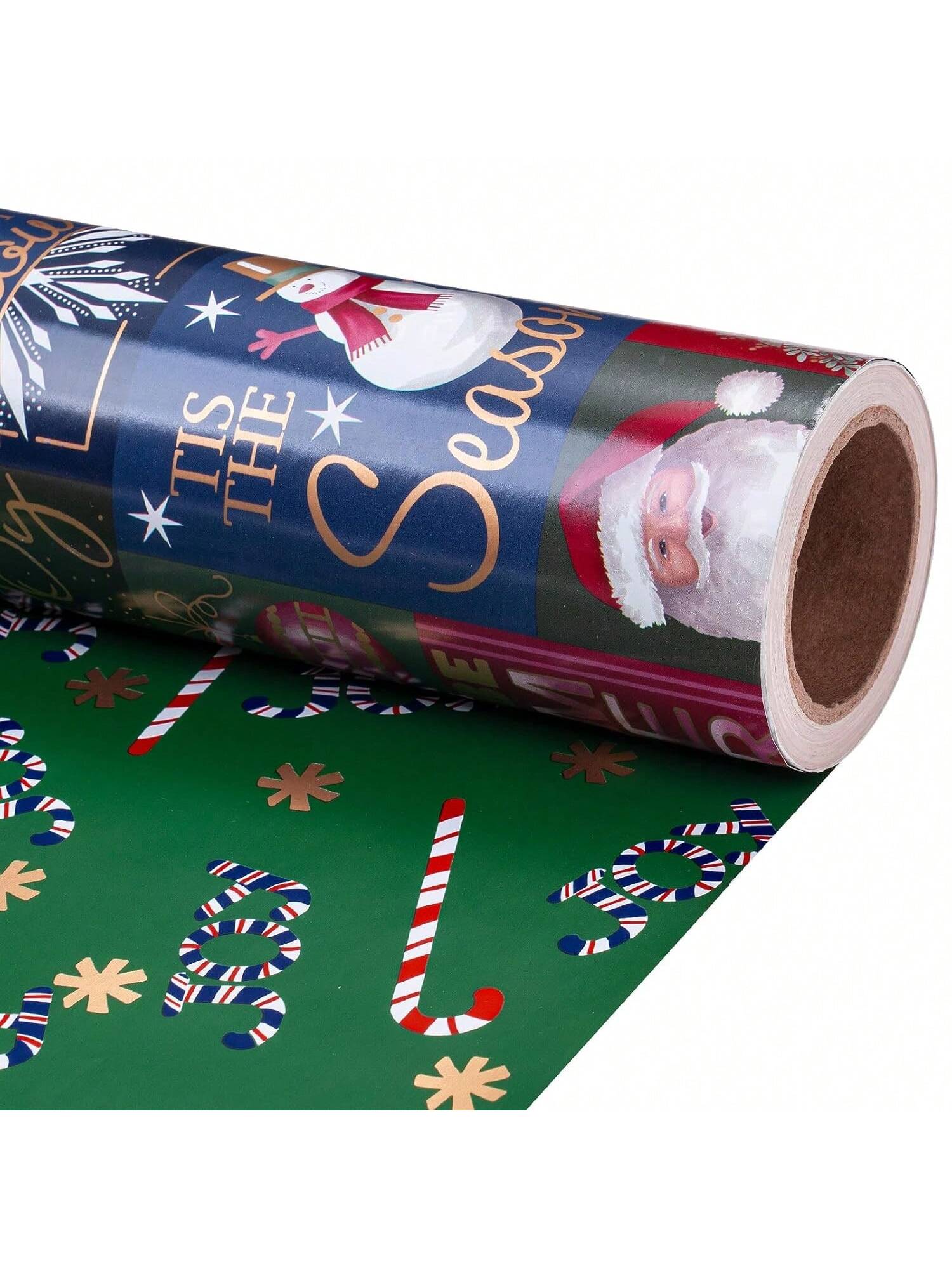 Reversible Christmas Wrapping Paper 17.5x32.8 Santa Snowman Candy Cane Patterns