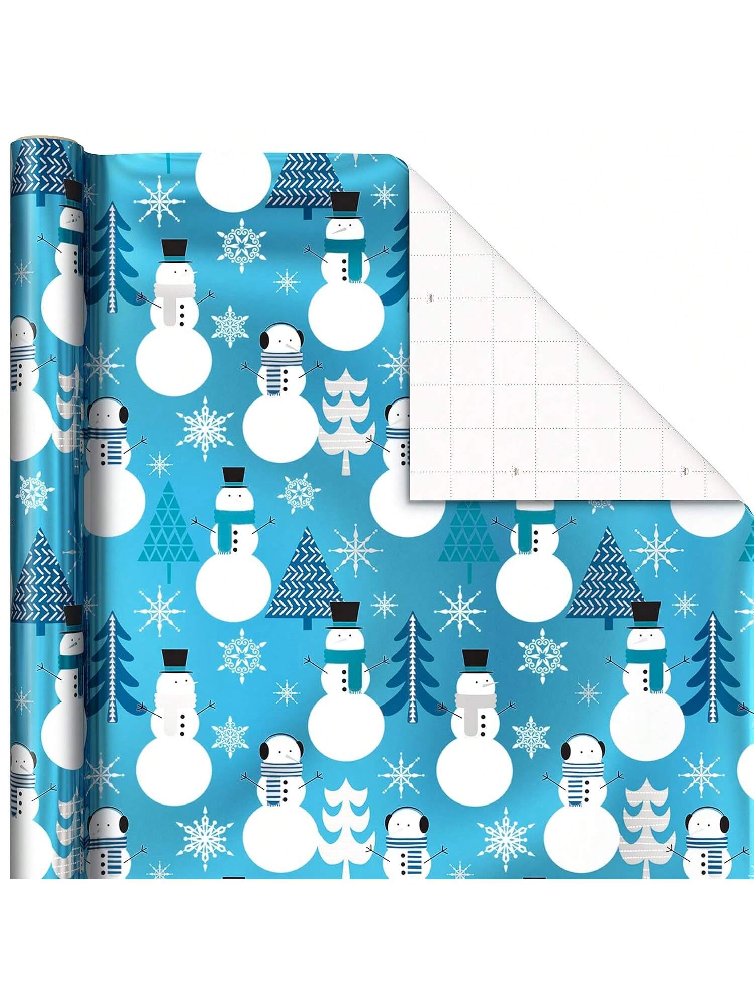 3 Rolls Blue Foil Christmas Wrapping Paper 60 Sq Ft Snowmen Snowflakes Trees