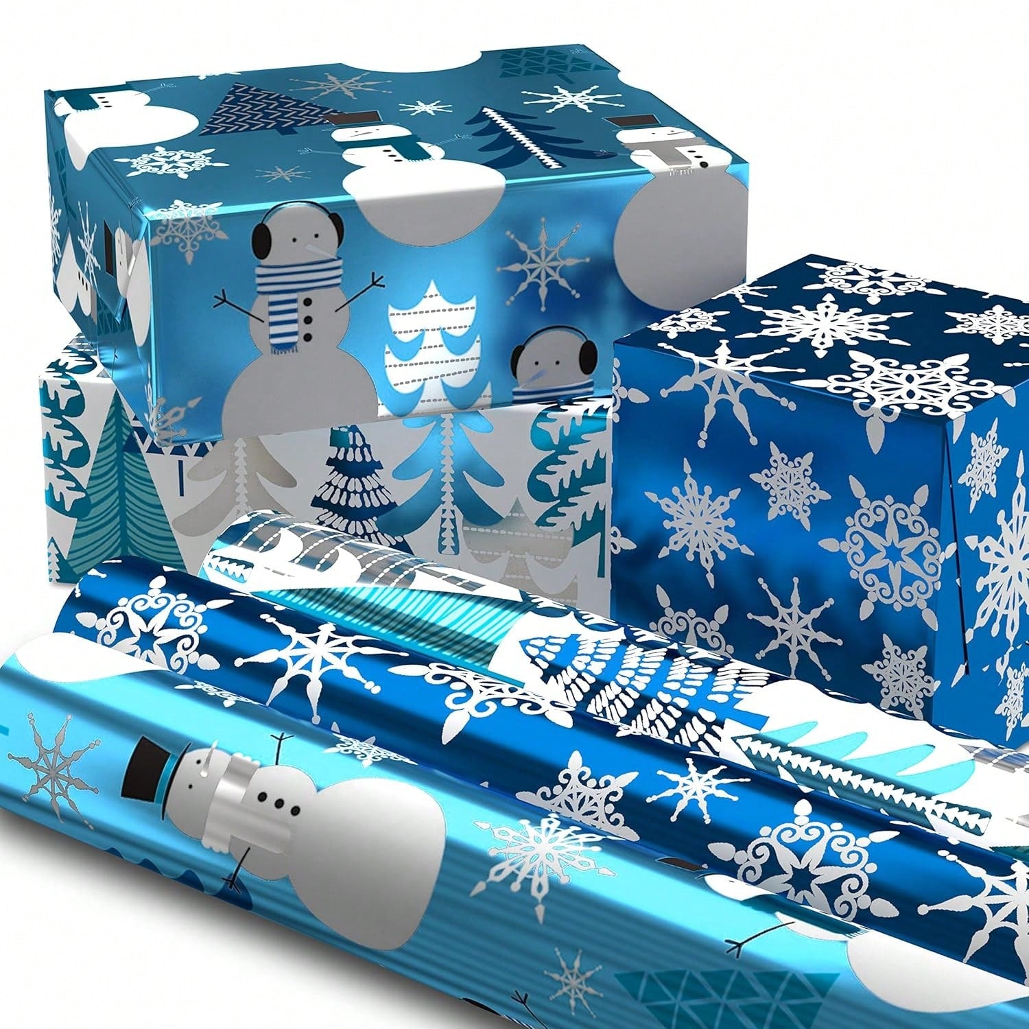 3 Rolls Blue Foil Christmas Wrapping Paper 60 Sq Ft Snowmen Snowflakes Trees