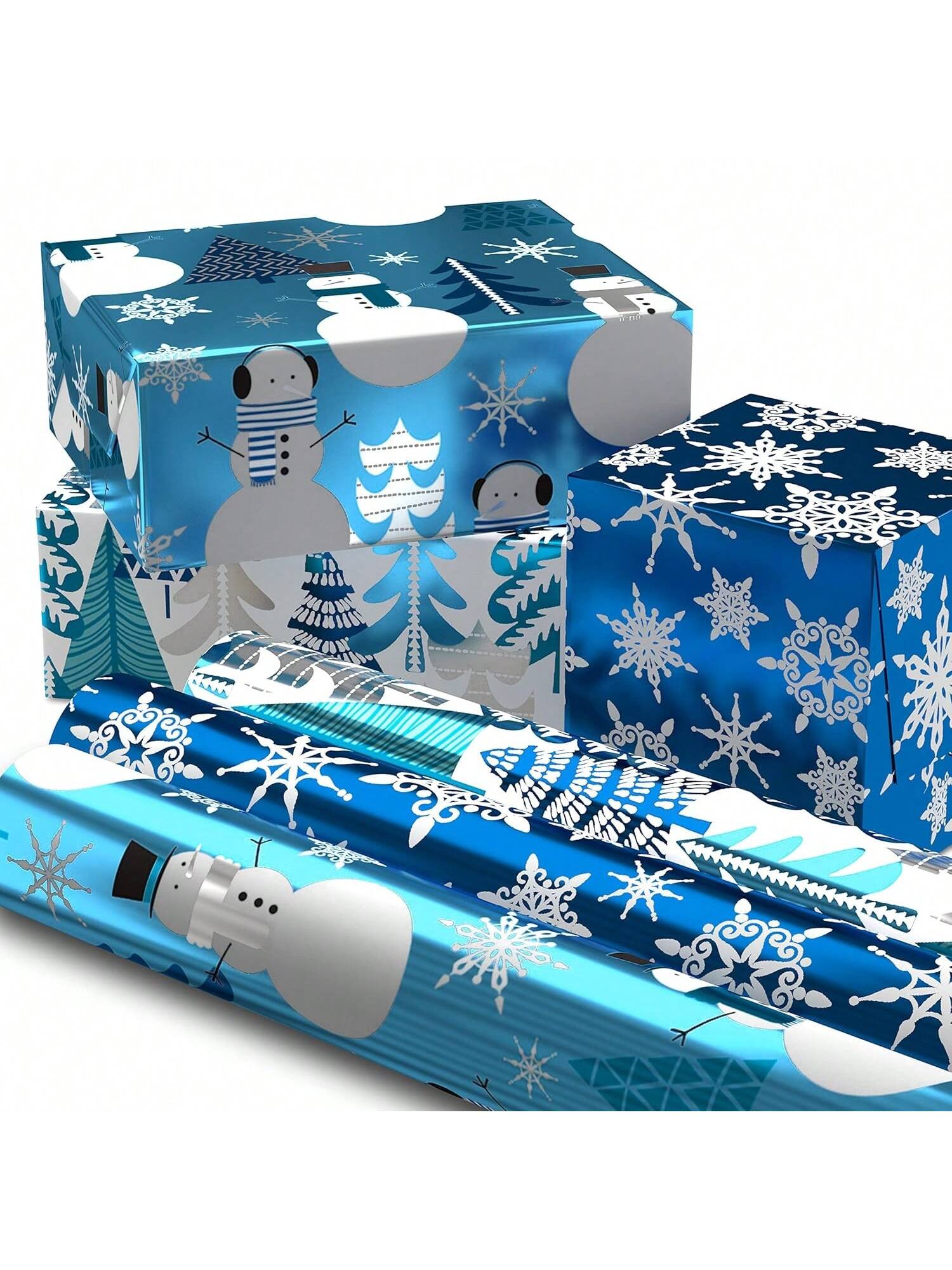 3 Rolls Blue Foil Christmas Wrapping Paper 60 Sq Ft Snowmen Snowflakes Trees
