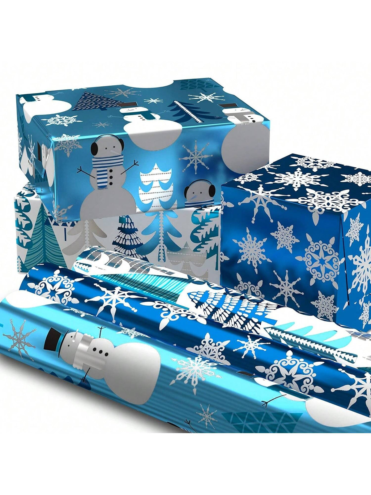 3 Rolls Blue Foil Christmas Wrapping Paper 60 Sq Ft Snowmen Snowflakes Trees