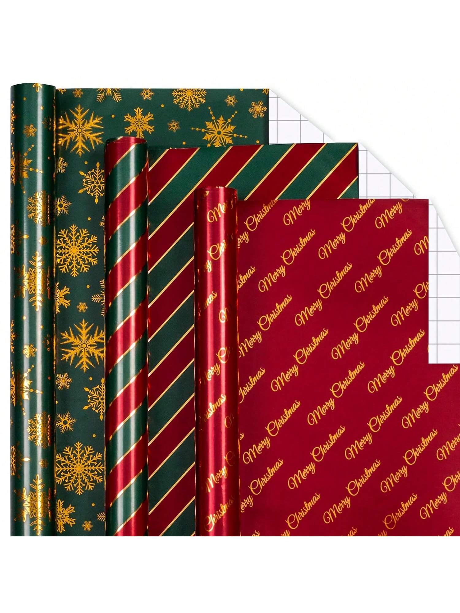 Shiny Christmas Wrapping Paper 3 Rolls Red Green Gold Holiday Designs