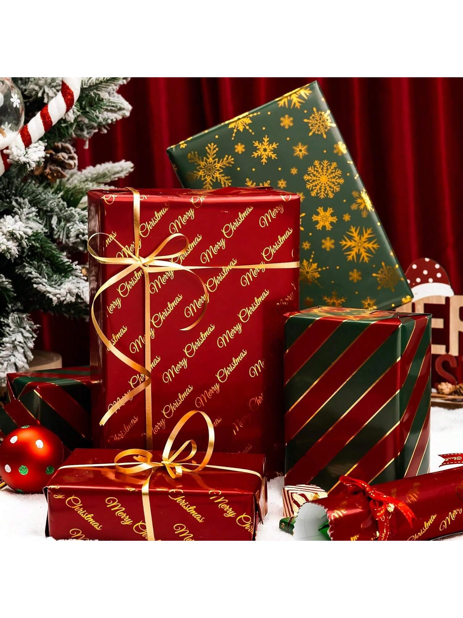 Shiny Christmas Wrapping Paper 3 Rolls Red Green Gold Holiday Designs