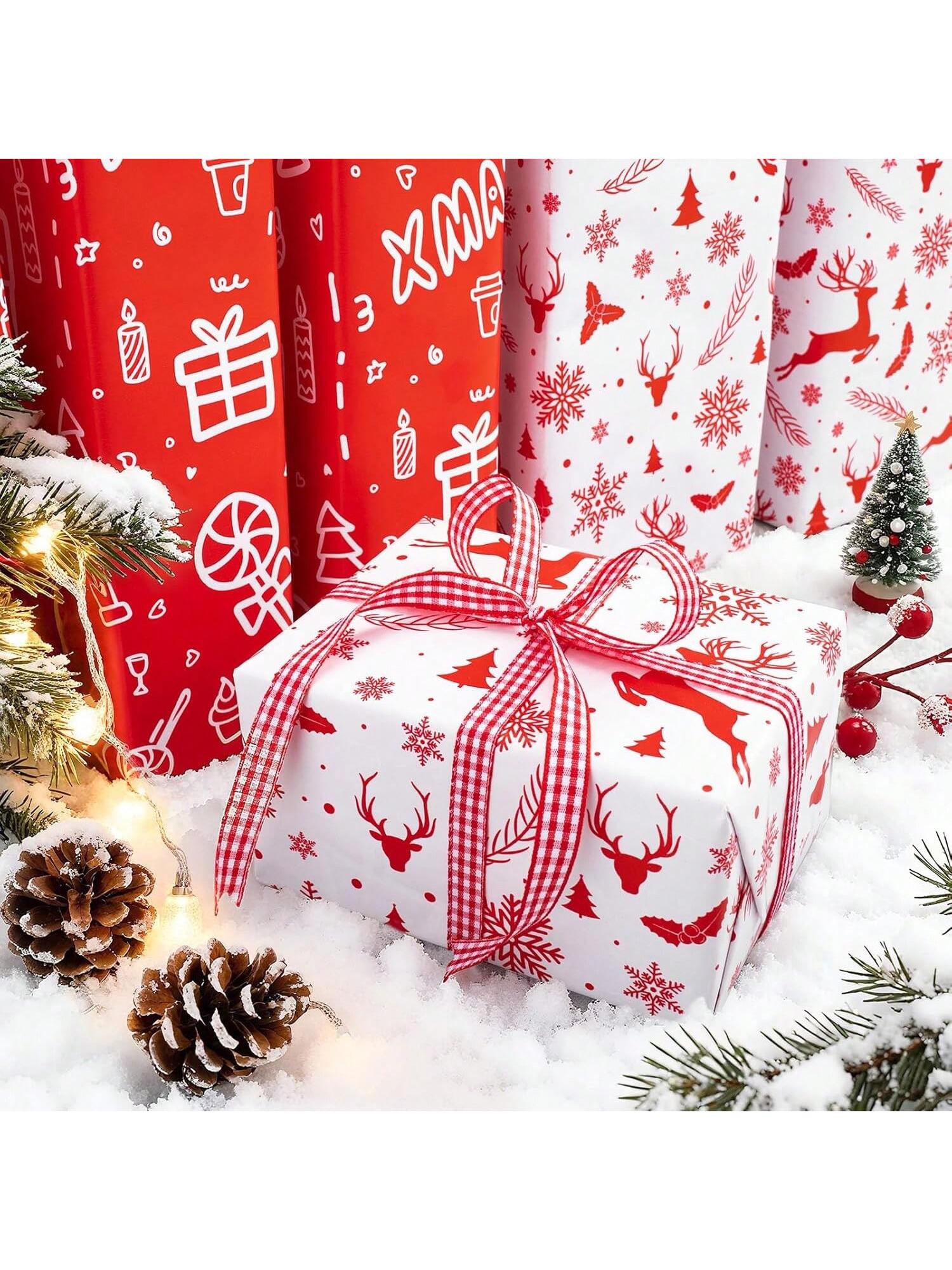 Reversible Christmas Wrapping Paper 17x32.8 Red White Santa Reindeer Snowflake