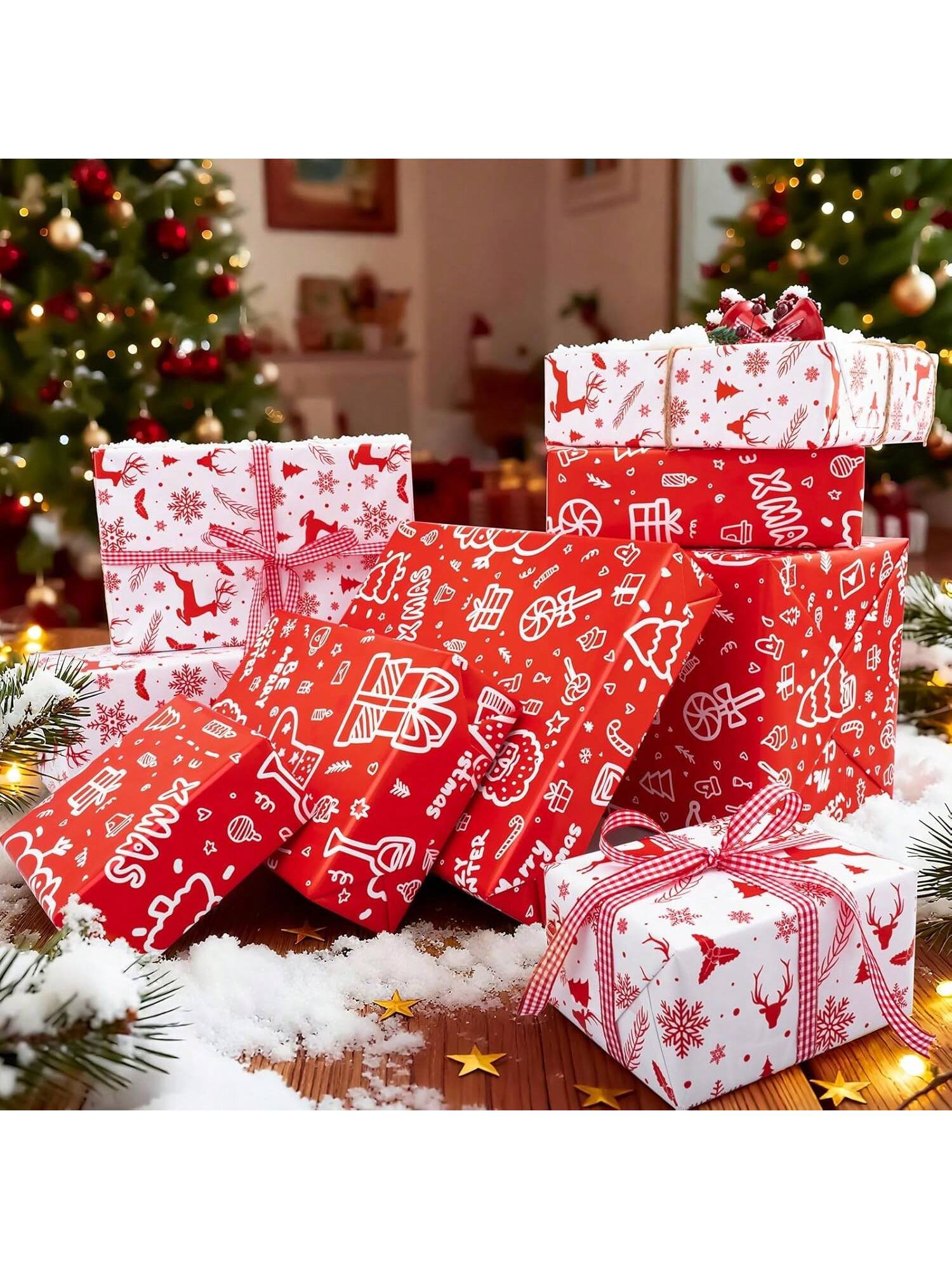 Reversible Christmas Wrapping Paper 17x32.8 Red White Santa Reindeer Snowflake