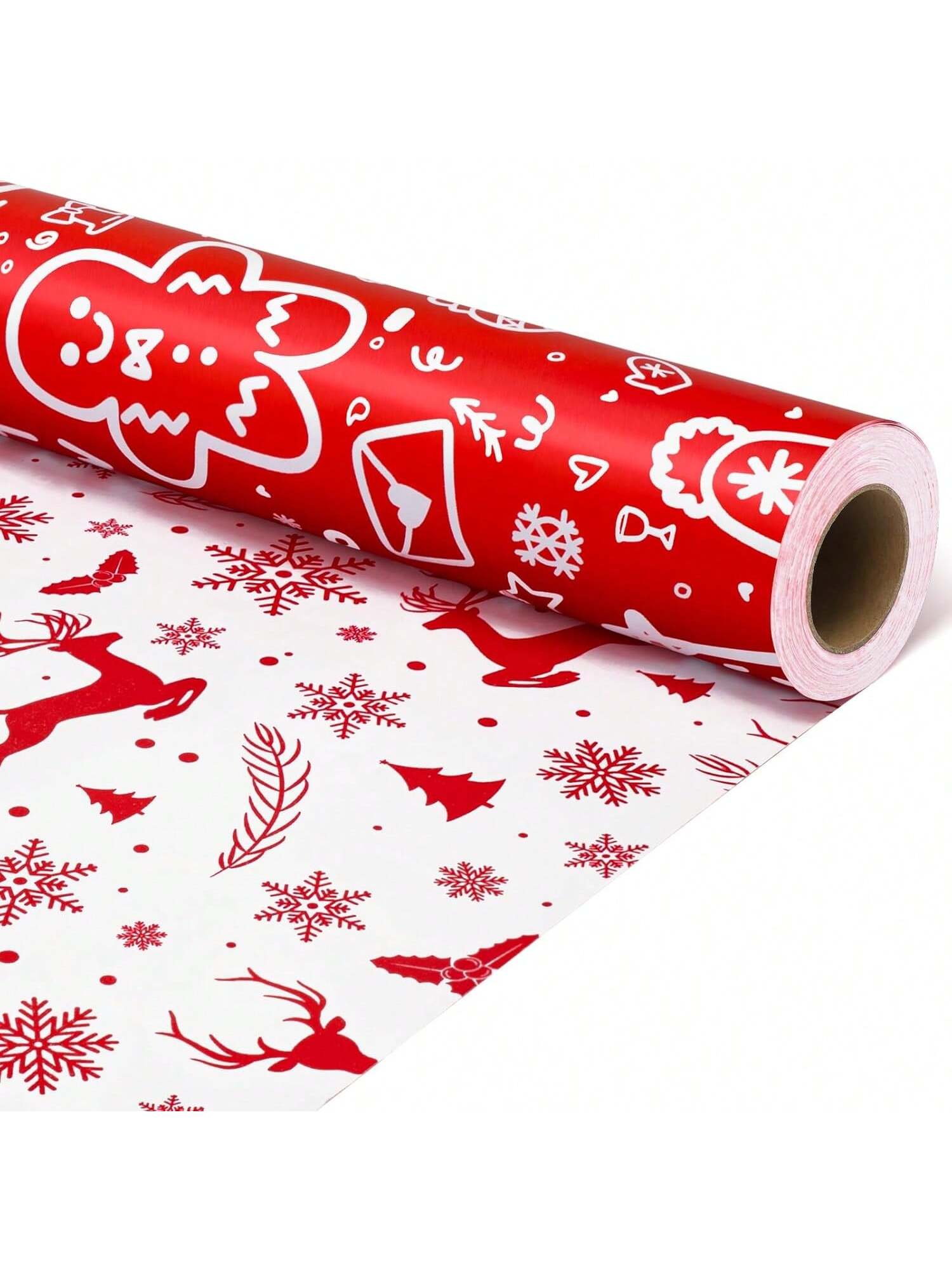 Reversible Christmas Wrapping Paper 17x32.8 Red White Santa Reindeer Snowflake