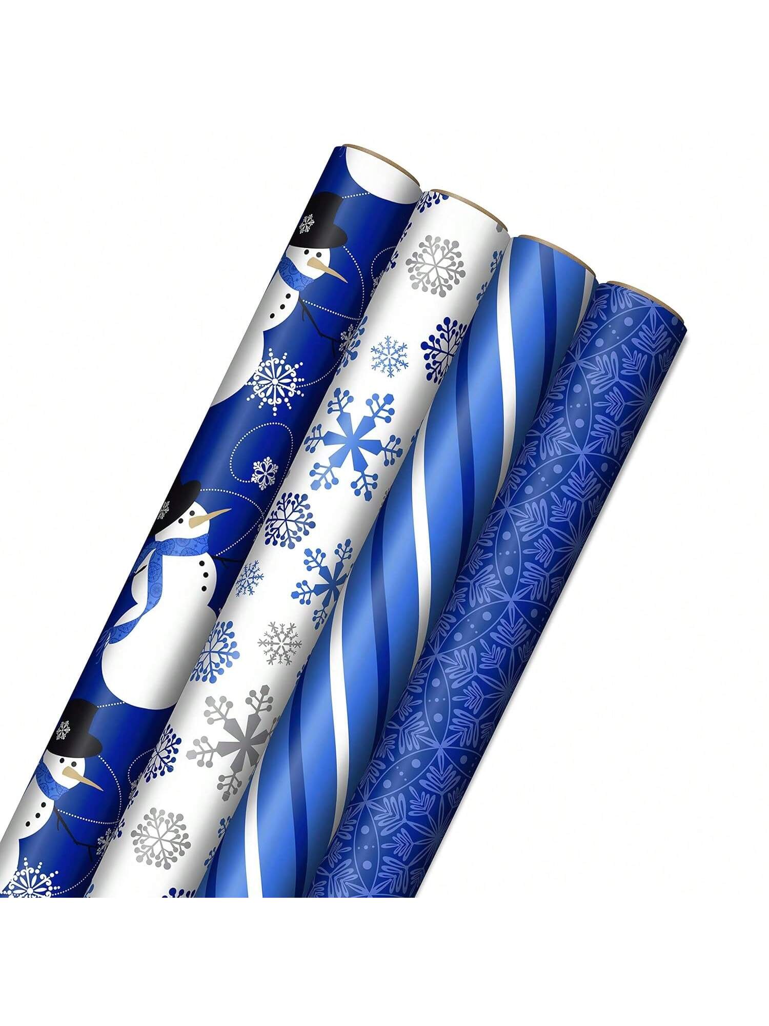 Image Arts Blue Christmas Wrapping Paper 4 Rolls Snowmen Snowflakes Stripes