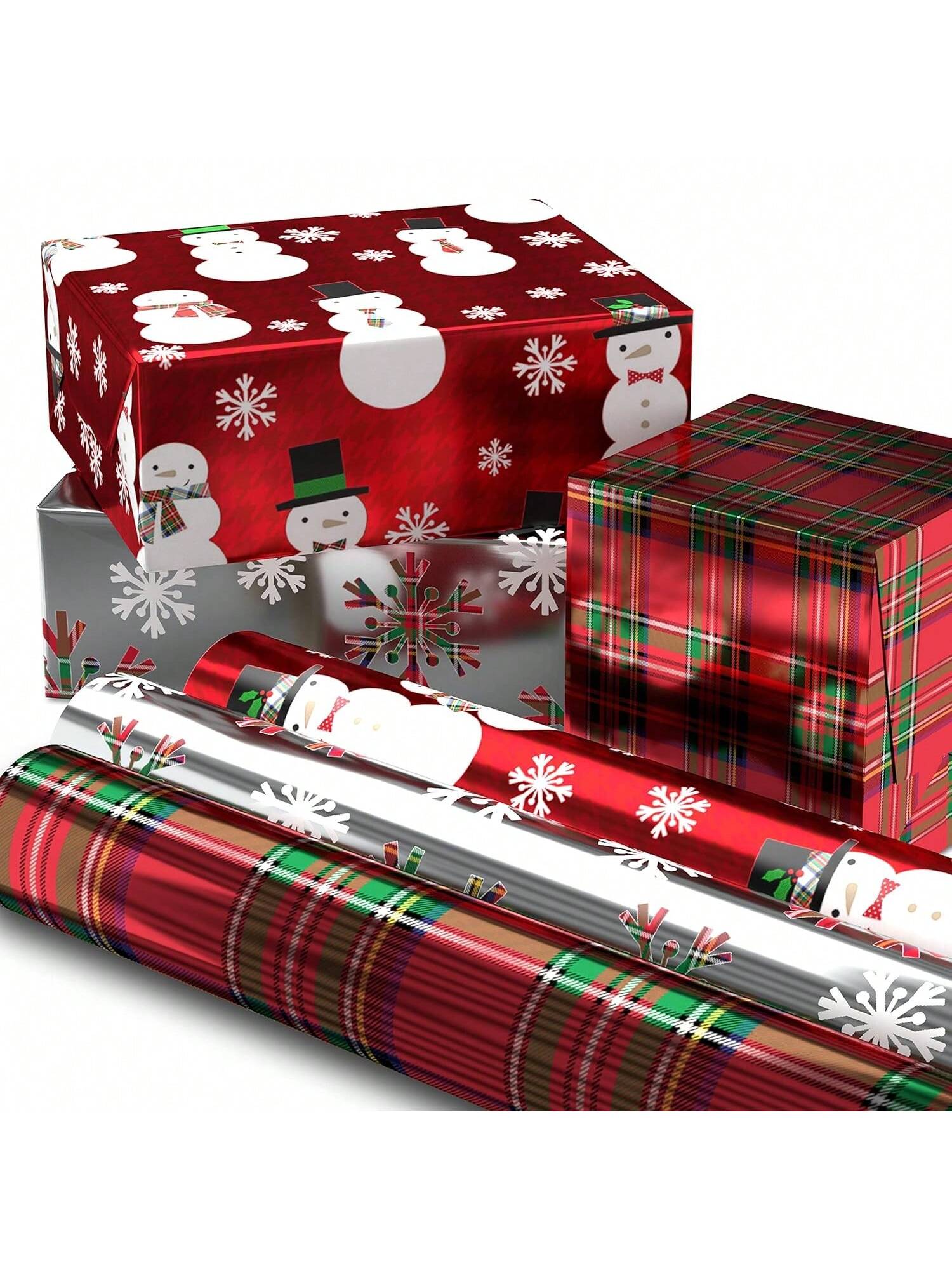 3 Rolls Foil Christmas Wrapping Paper 60 Sq Ft Plaid Snowflakes Snowmen