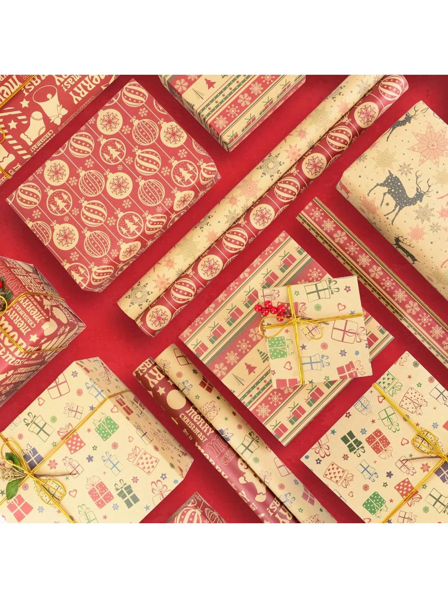 Brown Kraft Christmas Wrapping Paper Set 5 Sheets with Holiday Designs 19.7x25.6