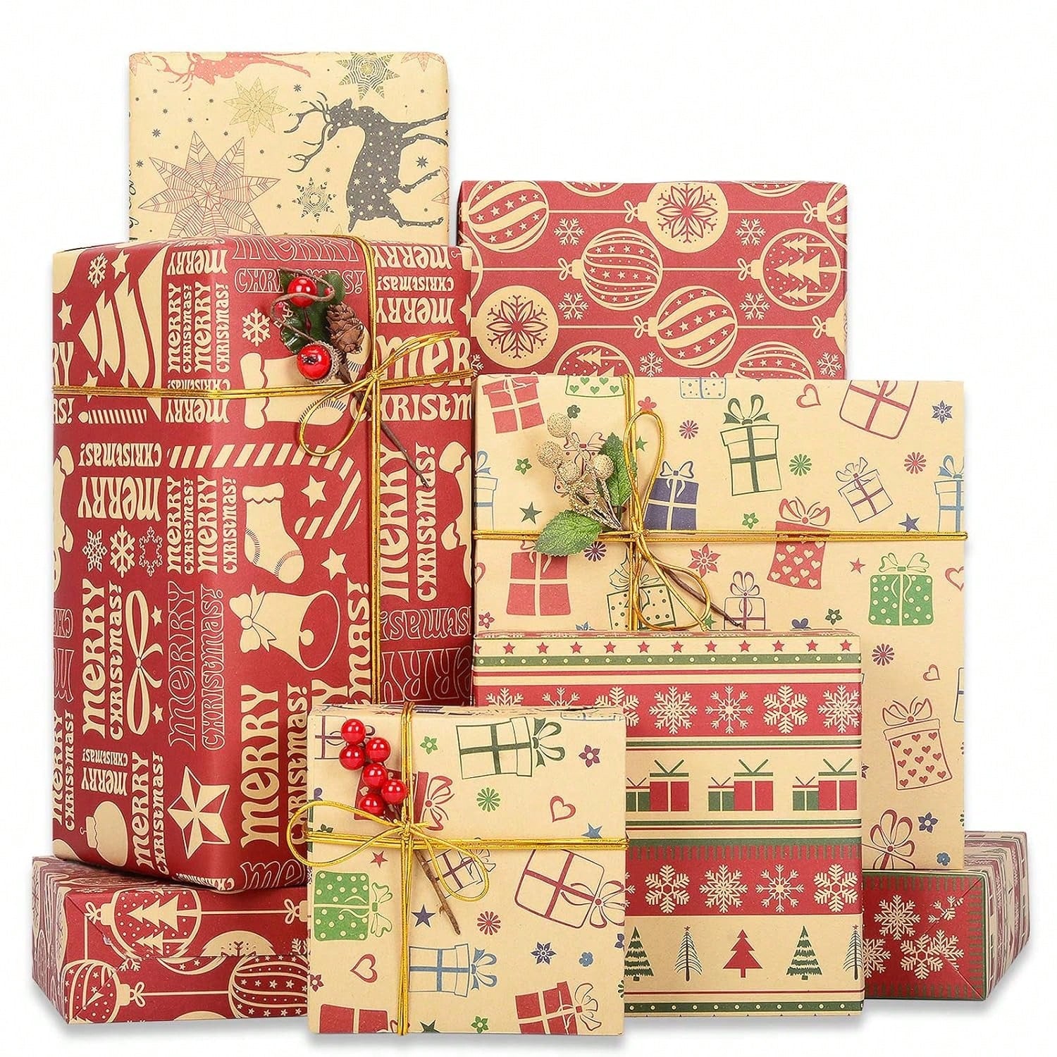 Brown Kraft Christmas Wrapping Paper Set 5 Sheets with Holiday Designs 19.7x25.6