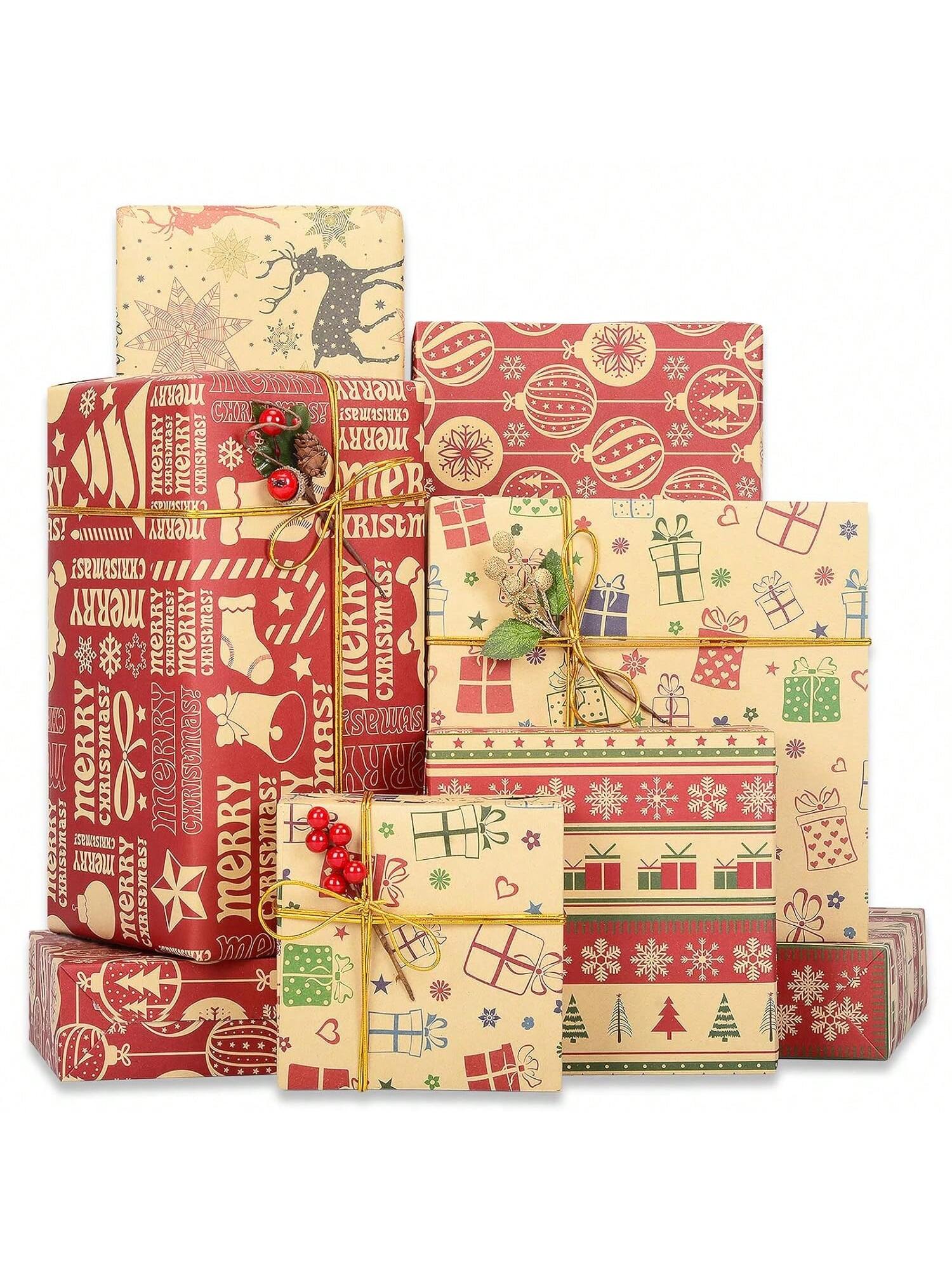 Brown Kraft Christmas Wrapping Paper Set 5 Sheets with Holiday Designs 19.7x25.6
