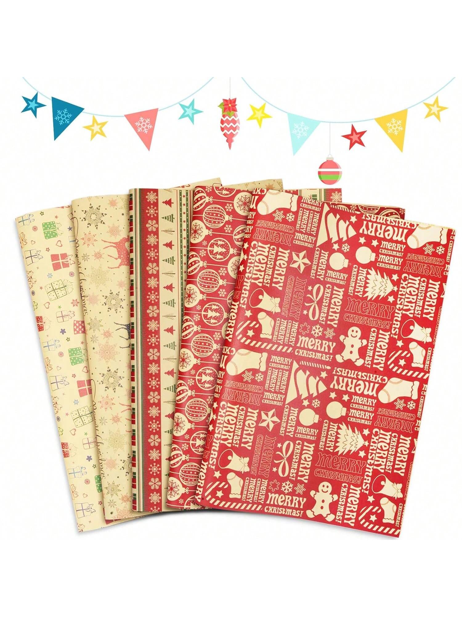 Brown Kraft Christmas Wrapping Paper Set 5 Sheets with Holiday Designs 19.7x25.6