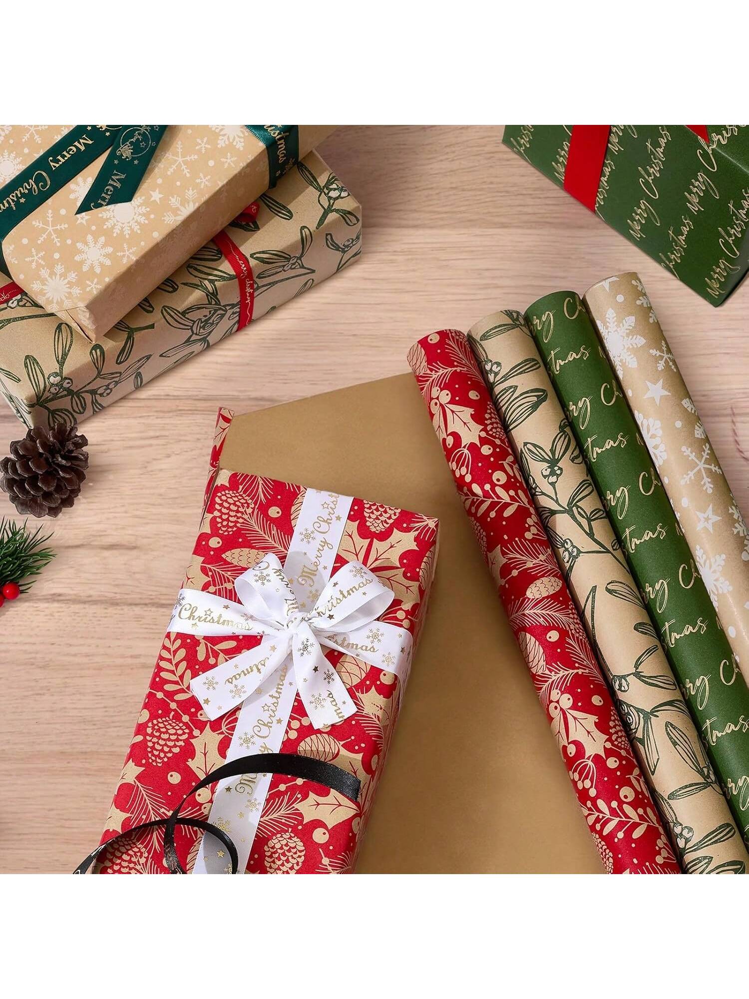 4 Rolls Vintage Christmas Wrapping Paper Brown Kraft with Red Green Patterns 17x120in