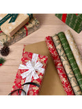 4 Rolls Vintage Christmas Wrapping Paper Brown Kraft with Red Green Patterns 17x120in