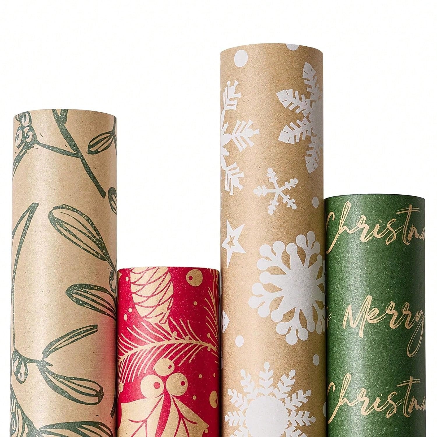 4 Rolls Vintage Christmas Wrapping Paper Brown Kraft with Red Green Patterns 17x120in