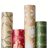 4 Rolls Vintage Christmas Wrapping Paper Brown Kraft with Red Green Patterns 17x120in