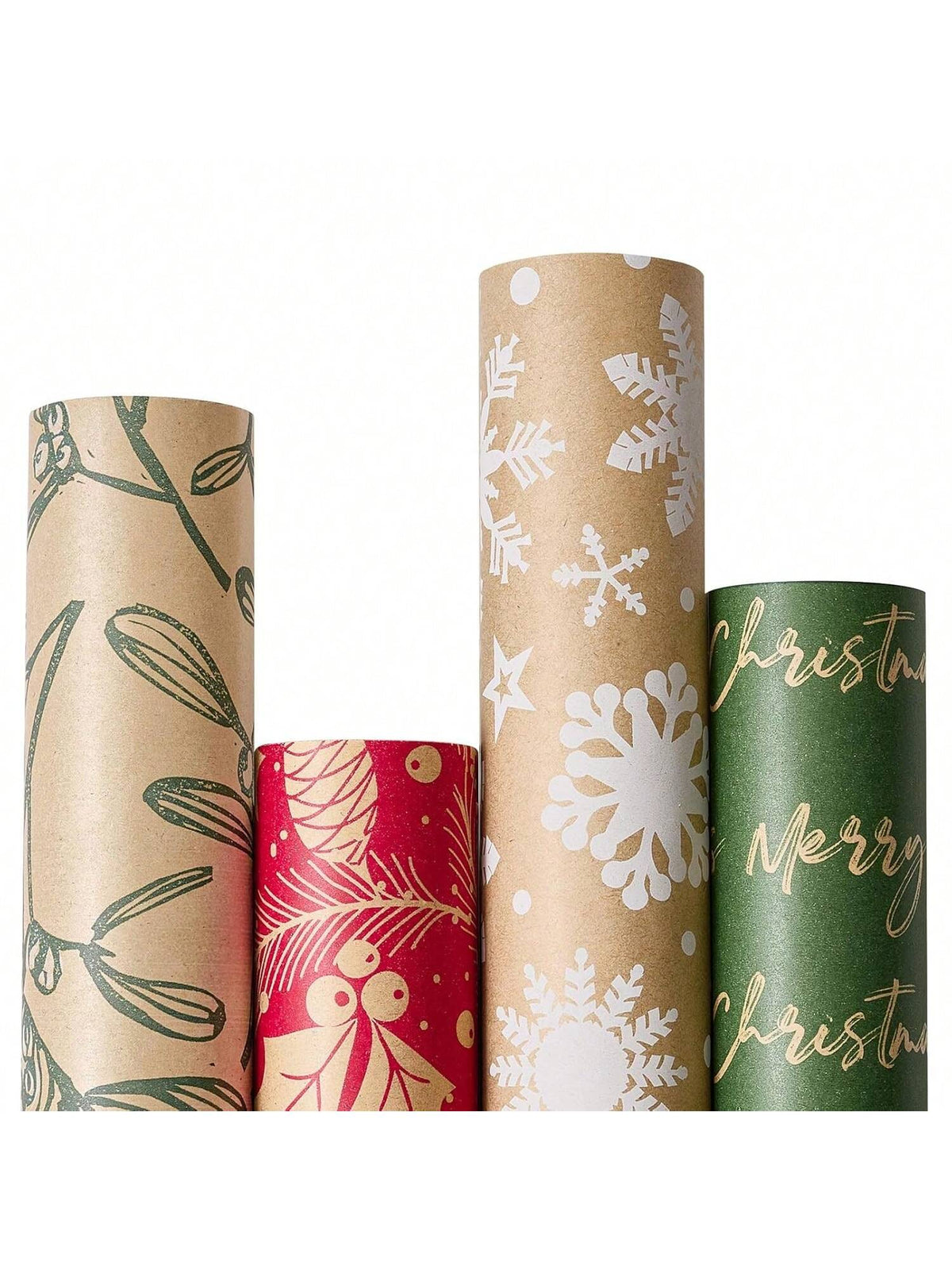 4 Rolls Vintage Christmas Wrapping Paper Brown Kraft with Red Green Patterns 17x120in