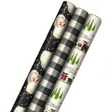 3 Rolls Black Christmas Wrapping Paper 120 Sq Ft Retro Santa Plaid Designs