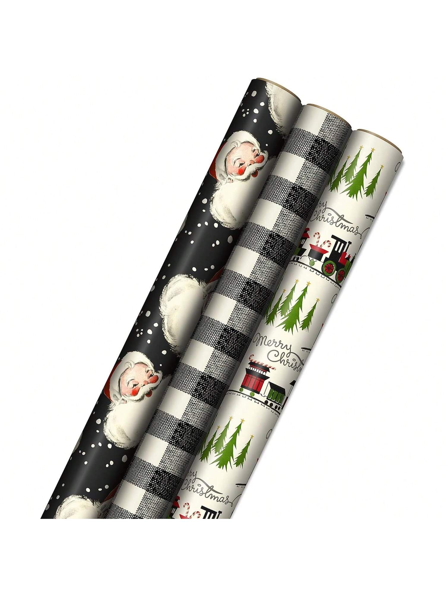 3 Rolls Black Christmas Wrapping Paper 120 Sq Ft Retro Santa Plaid Designs