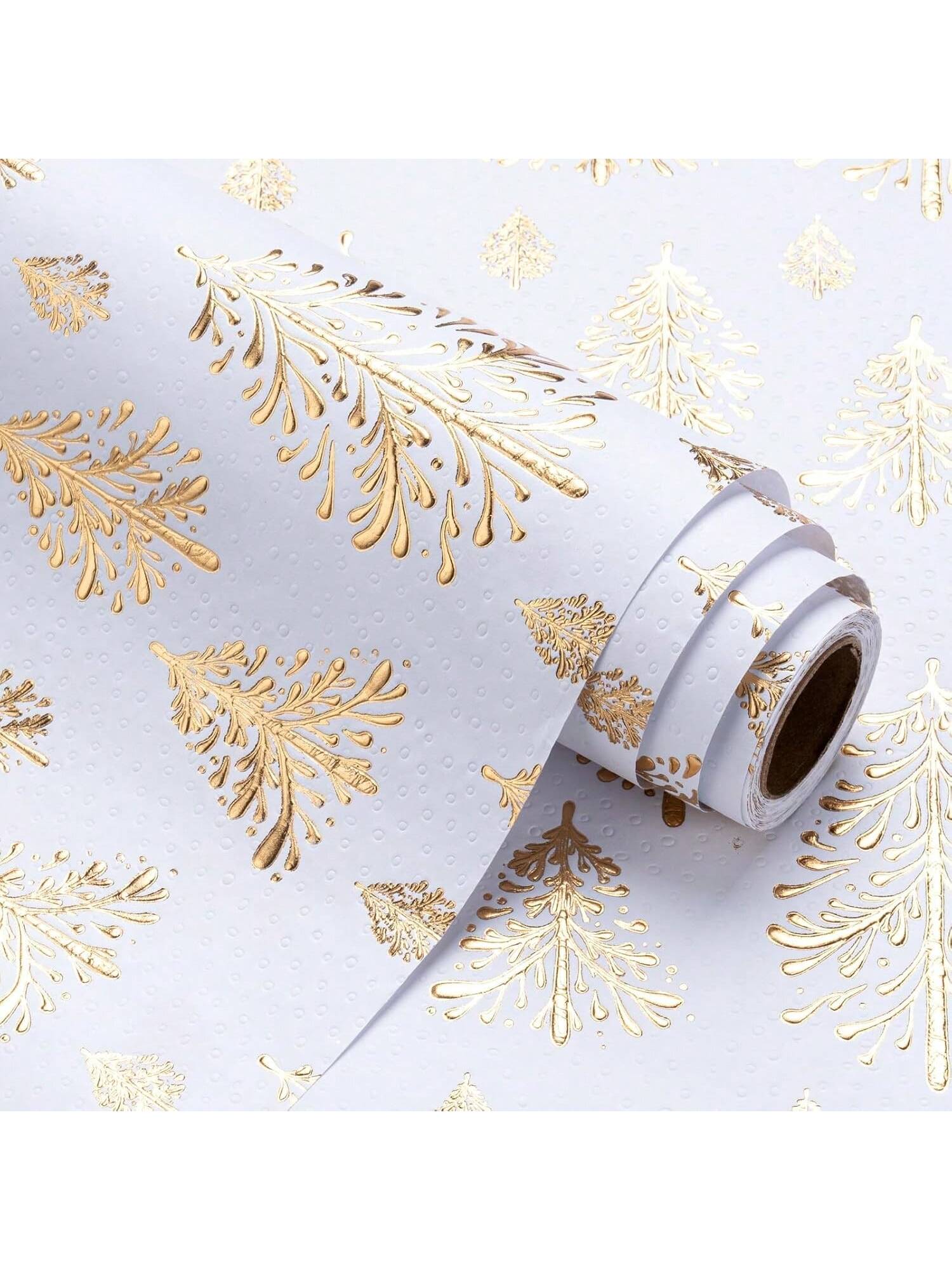 3D Kraft Christmas Wrapping Paper Mini Roll Gold White Tree Design