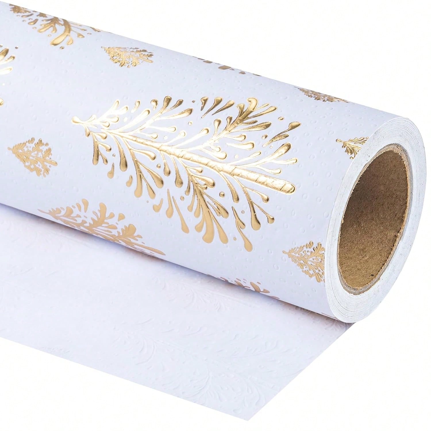 3D Kraft Christmas Wrapping Paper Mini Roll Gold White Tree Design