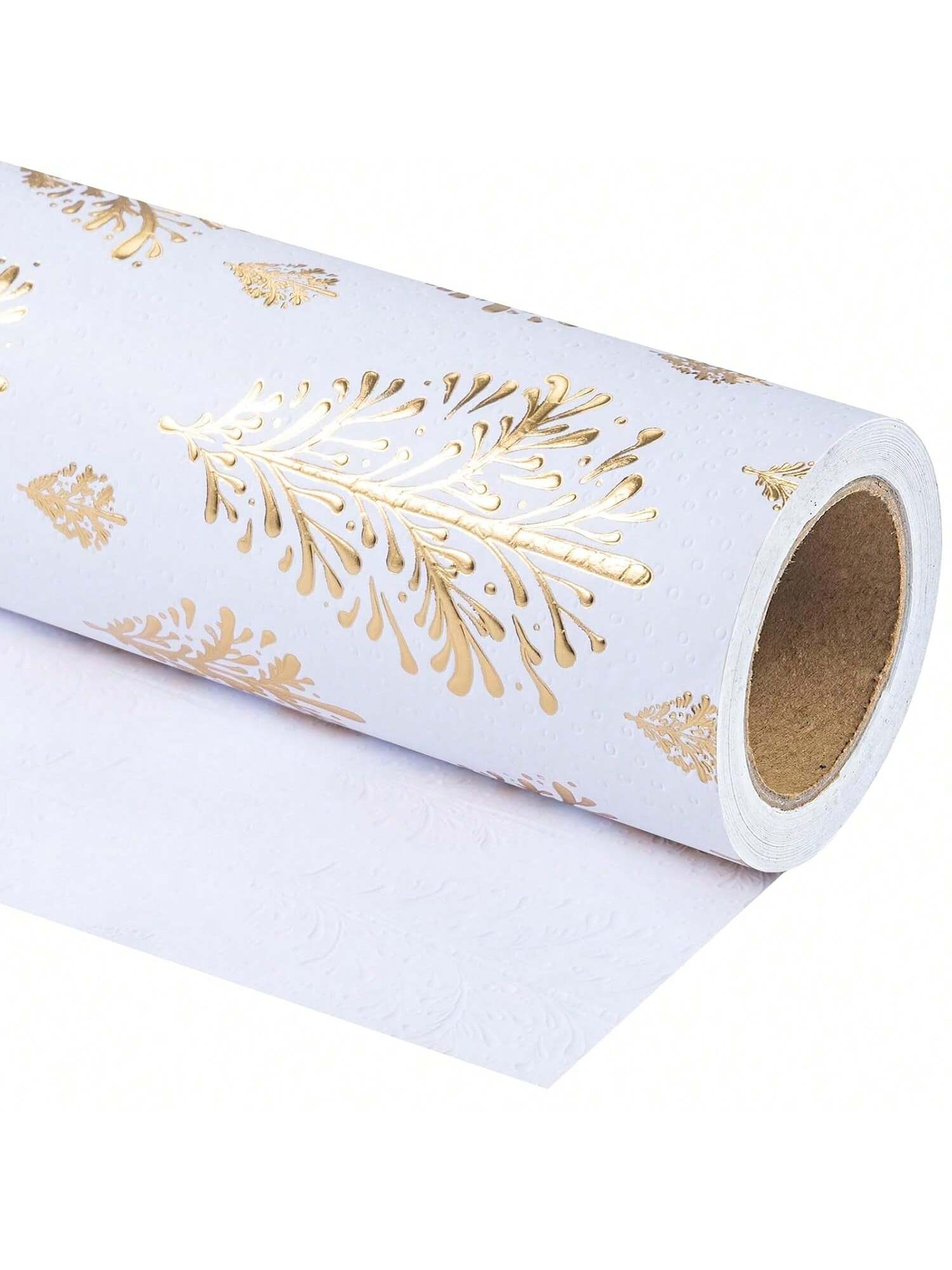 3D Kraft Christmas Wrapping Paper Mini Roll Gold White Tree Design