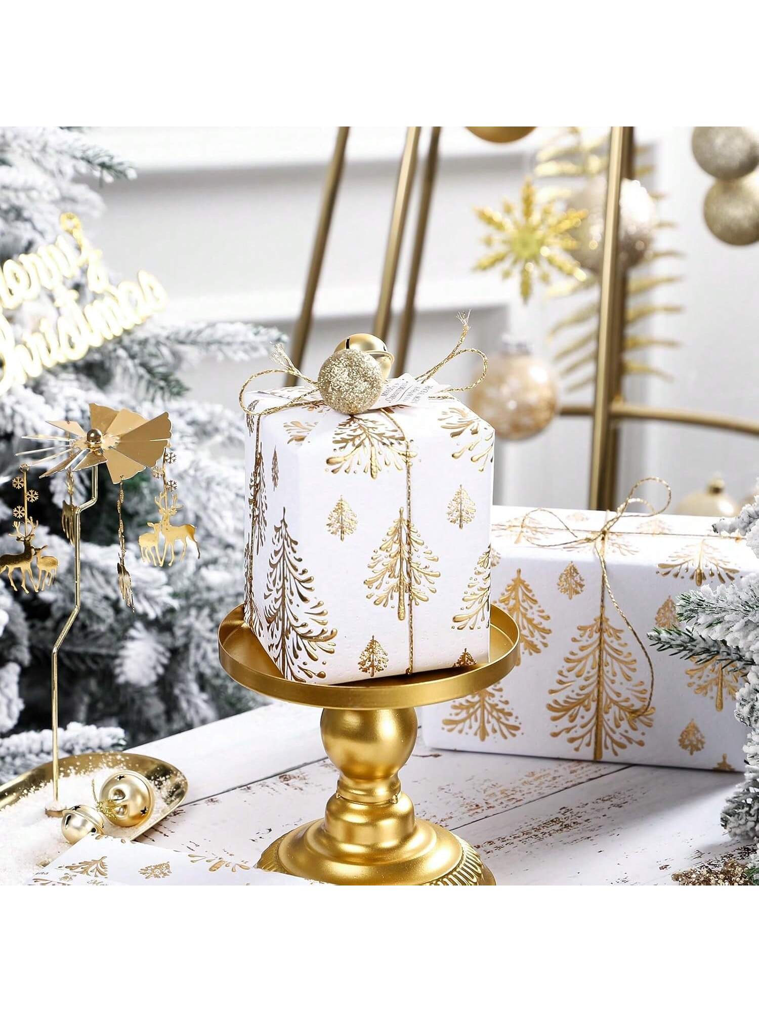 3D Kraft Christmas Wrapping Paper Mini Roll Gold White Tree Design