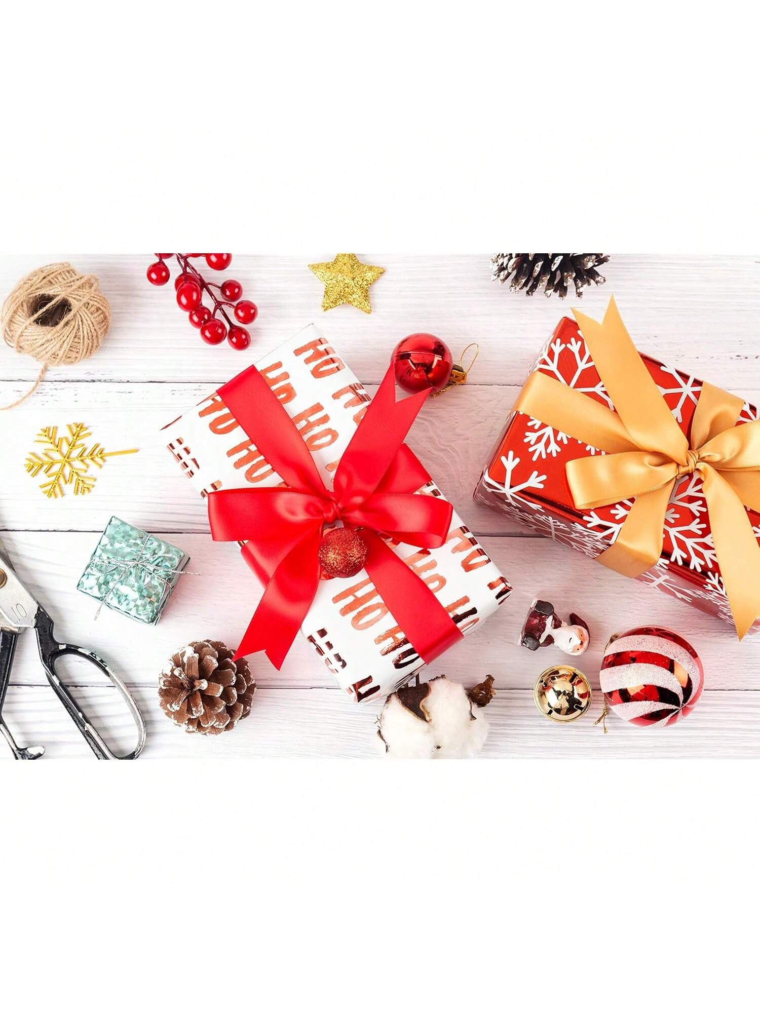 4 Rolls Of Red & White Christmas Wrapping Paper With Metallic Foil Shine, Featuring Festive Elements; 30"X10' Per Roll. Perfect For Holiday Gifting,