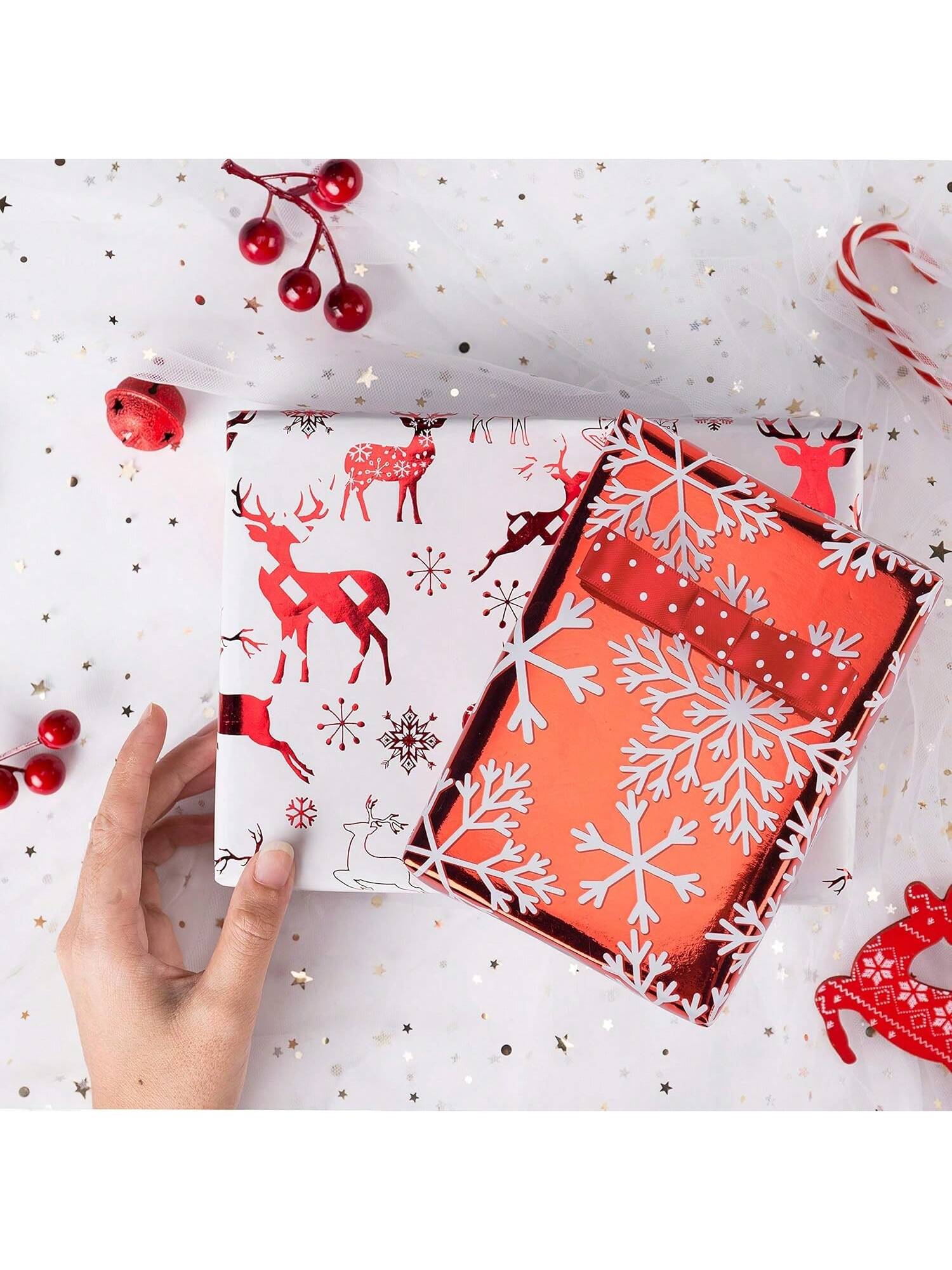 4 Rolls Of Red & White Christmas Wrapping Paper With Metallic Foil Shine, Featuring Festive Elements; 30"X10' Per Roll. Perfect For Holiday Gifting,