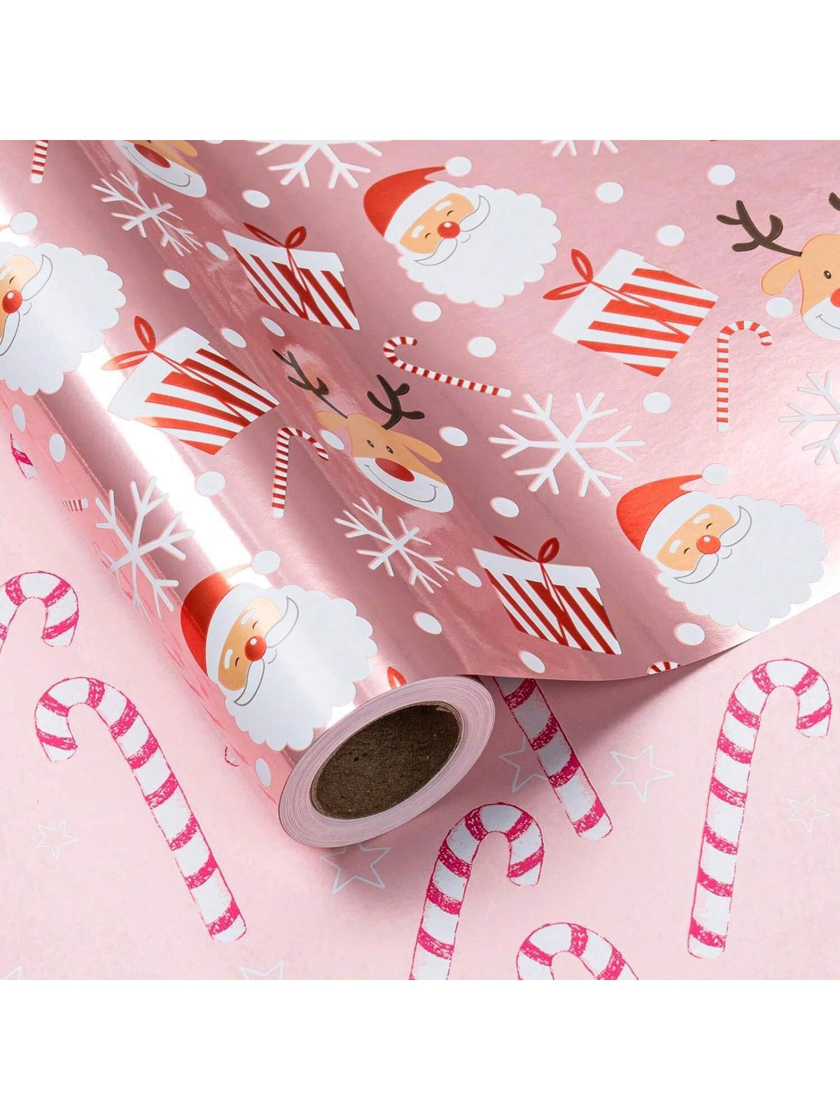 Pink Christmas Wrapping Paper Mini Roll 17x32.8in with Santa Candy Cane Rose Gold