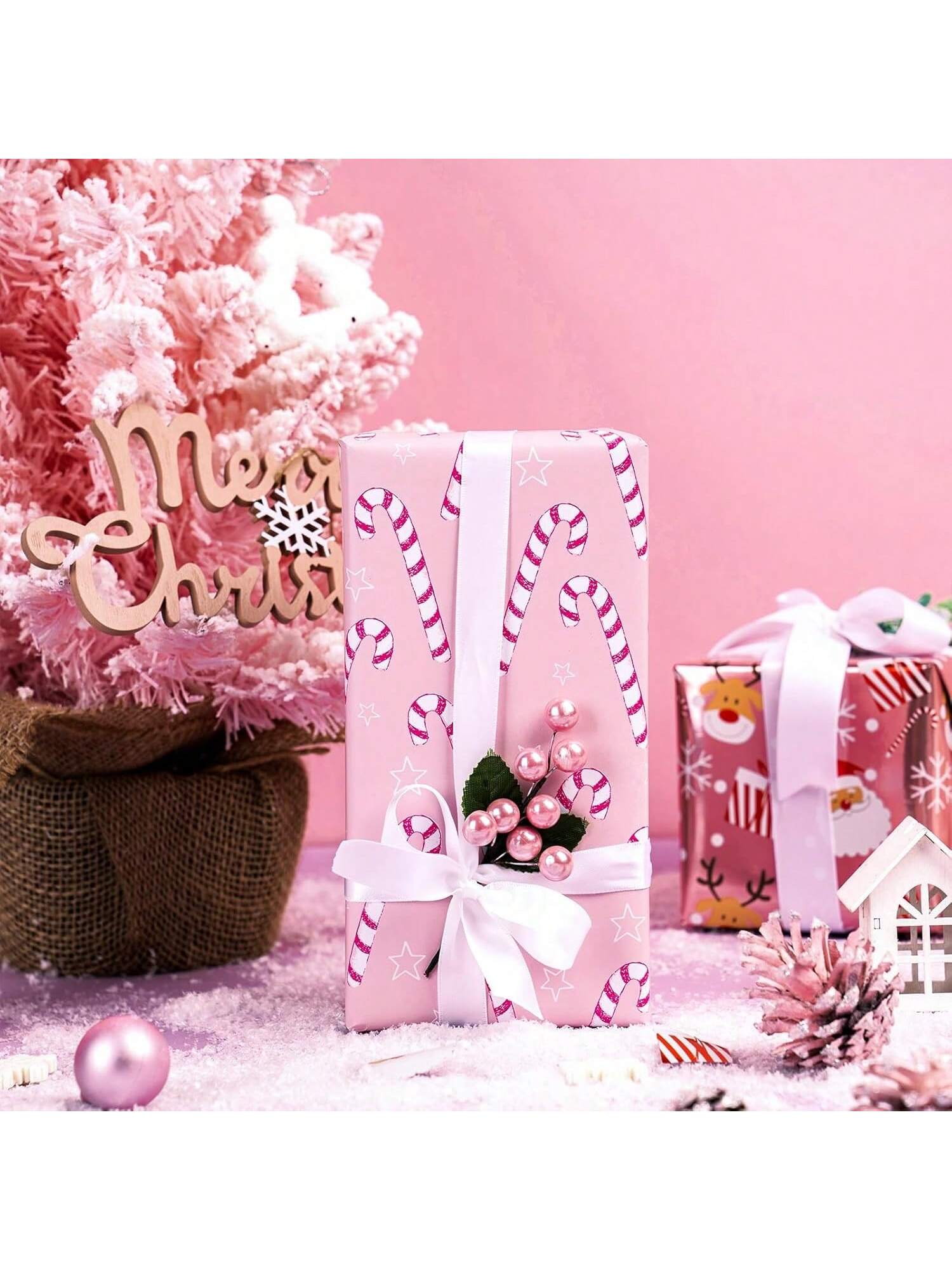 Pink Christmas Wrapping Paper Mini Roll 17x32.8in with Santa Candy Cane Rose Gold