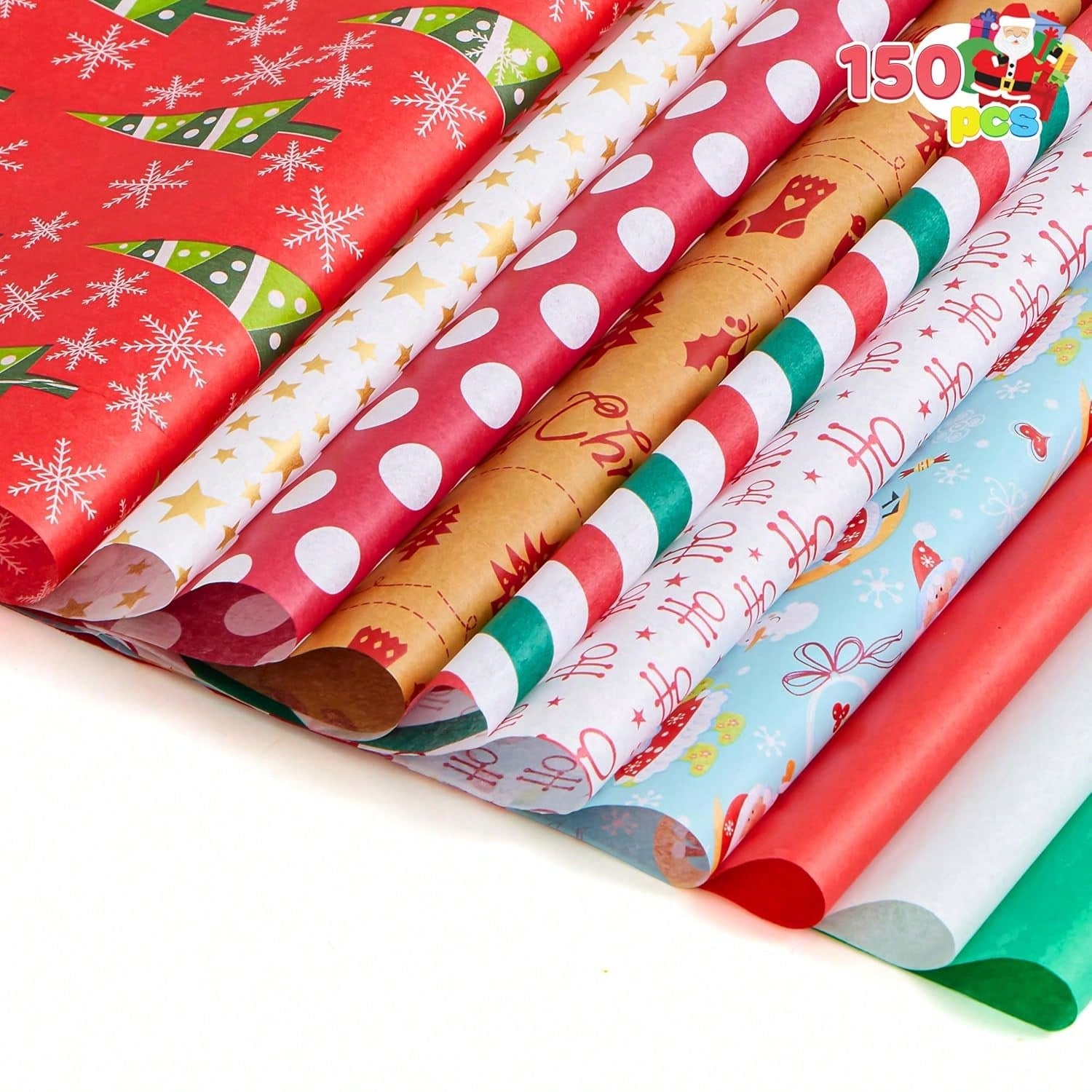 150 Sheets Christmas Tissue Paper Assorted Designs for Gift Wrapping & Presents