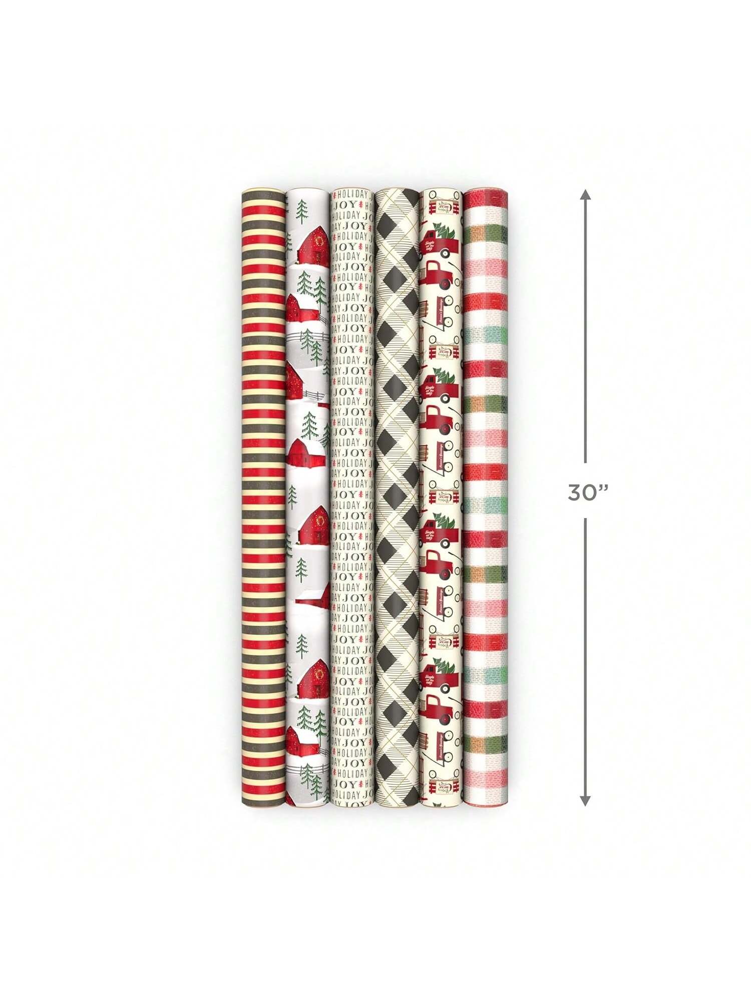 6pc Rustic Christmas Wrapping Paper Rolls 180 Sq Ft Red Black Gray Designs